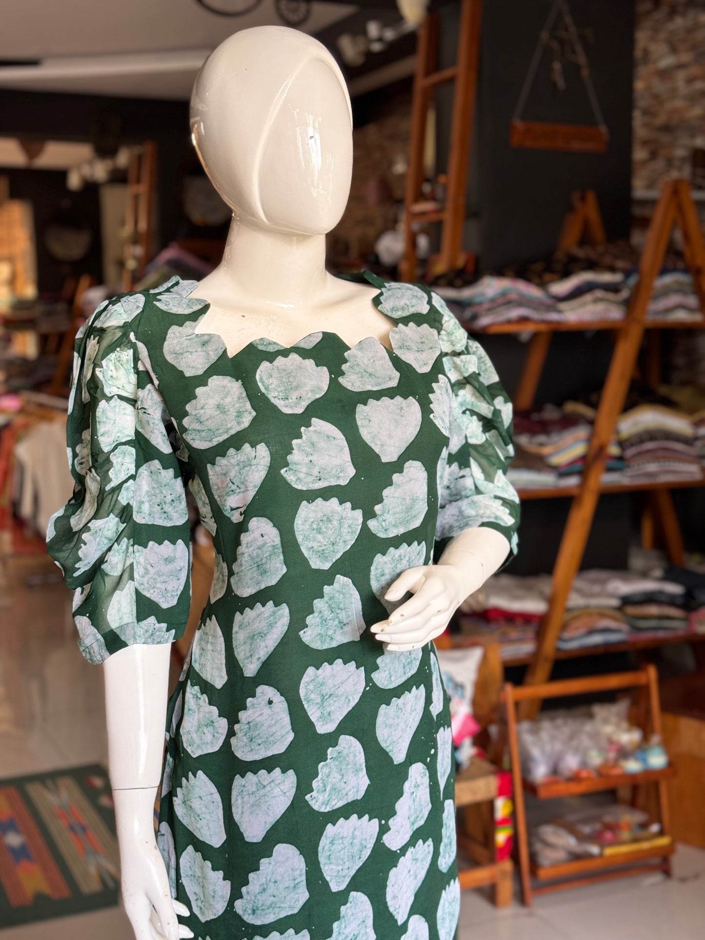 Dark green floral georgette hand batik straight kurti with lining