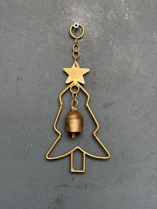 Christmas tree and star - copper handcrafted bells hanging