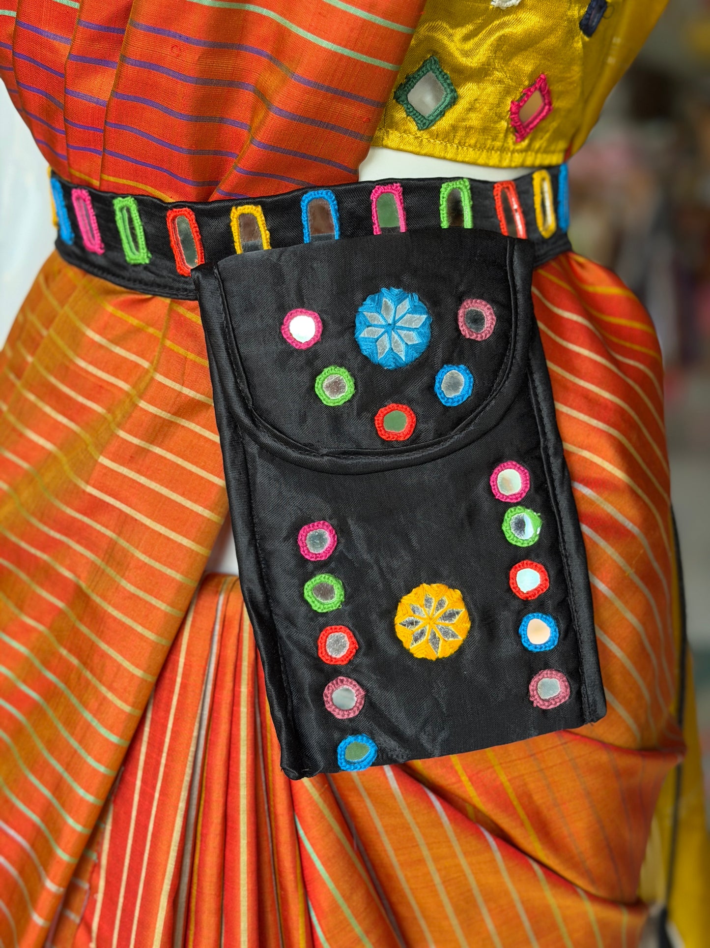 Mashru belt with attached phone pouch - hand embroidered mirror work
