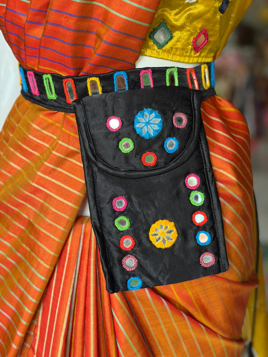 Mashru belt with attached phone pouch - hand embroidered mirror work