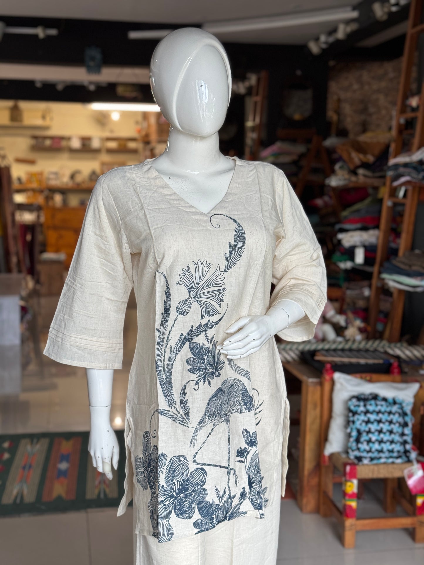 Off white v-neck cotton top with long sleeves and pants - coord set - click to see designs and sizes