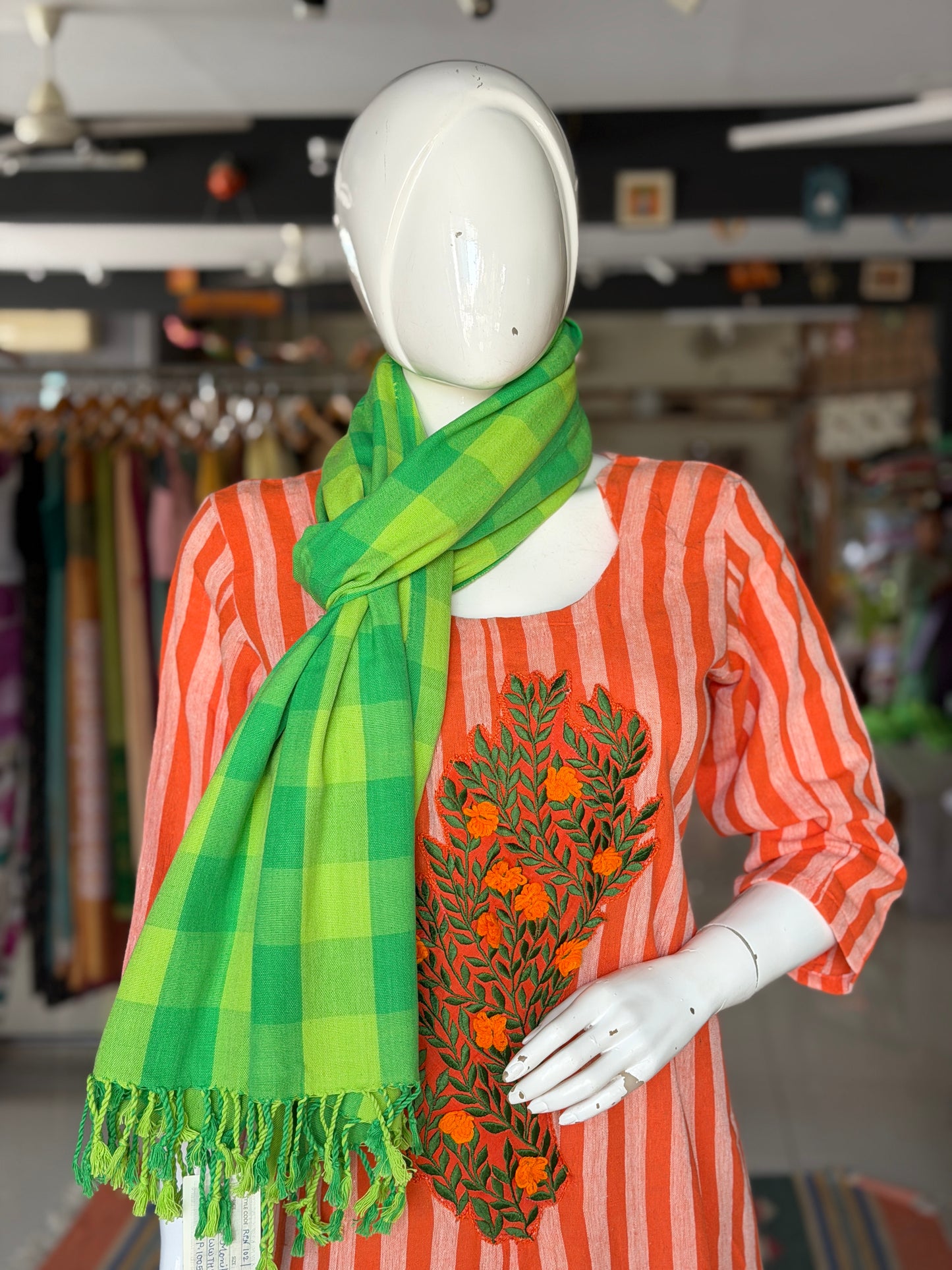 Bright green checks hand woven cotton scarf / stole