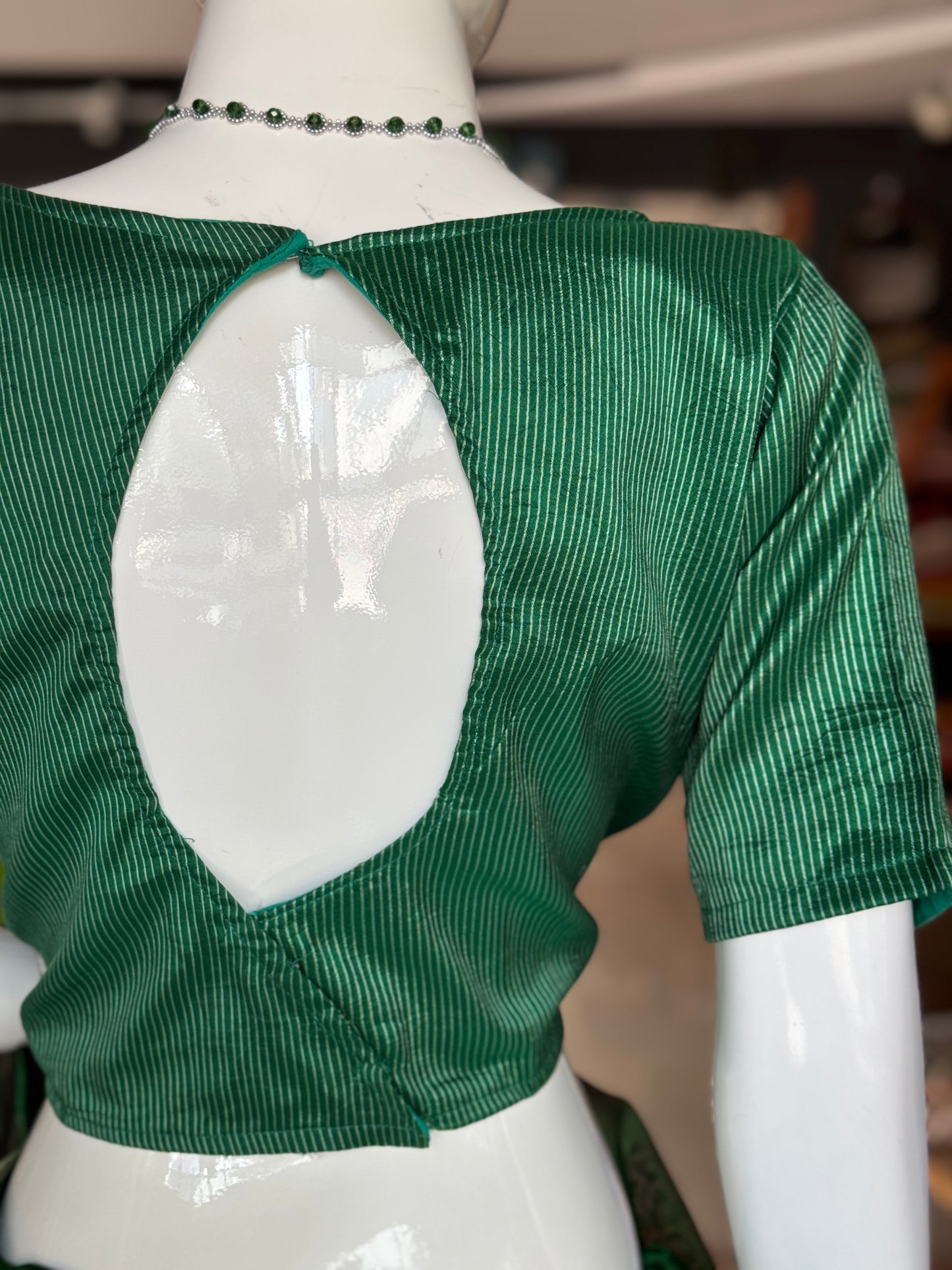 Green and silver stripes pure silk blouse