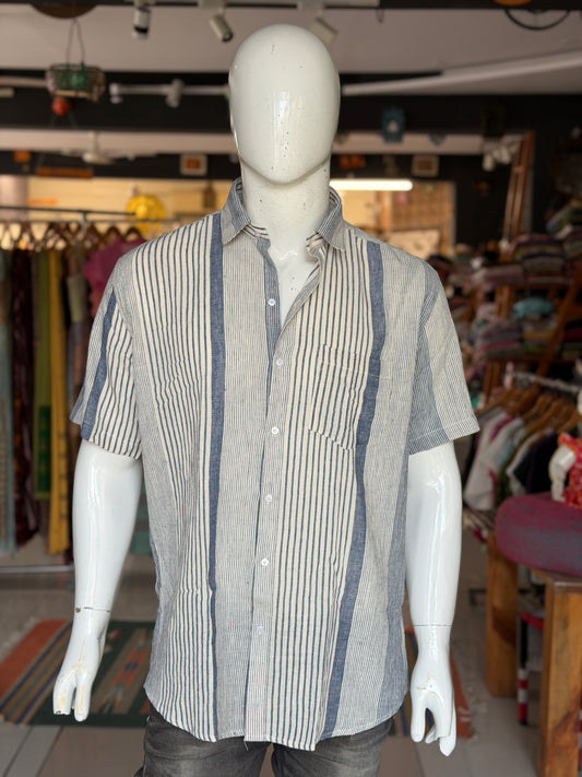 Indigo stripes handwoven kala cotton half sleeves shirt for men - click to see sizes available