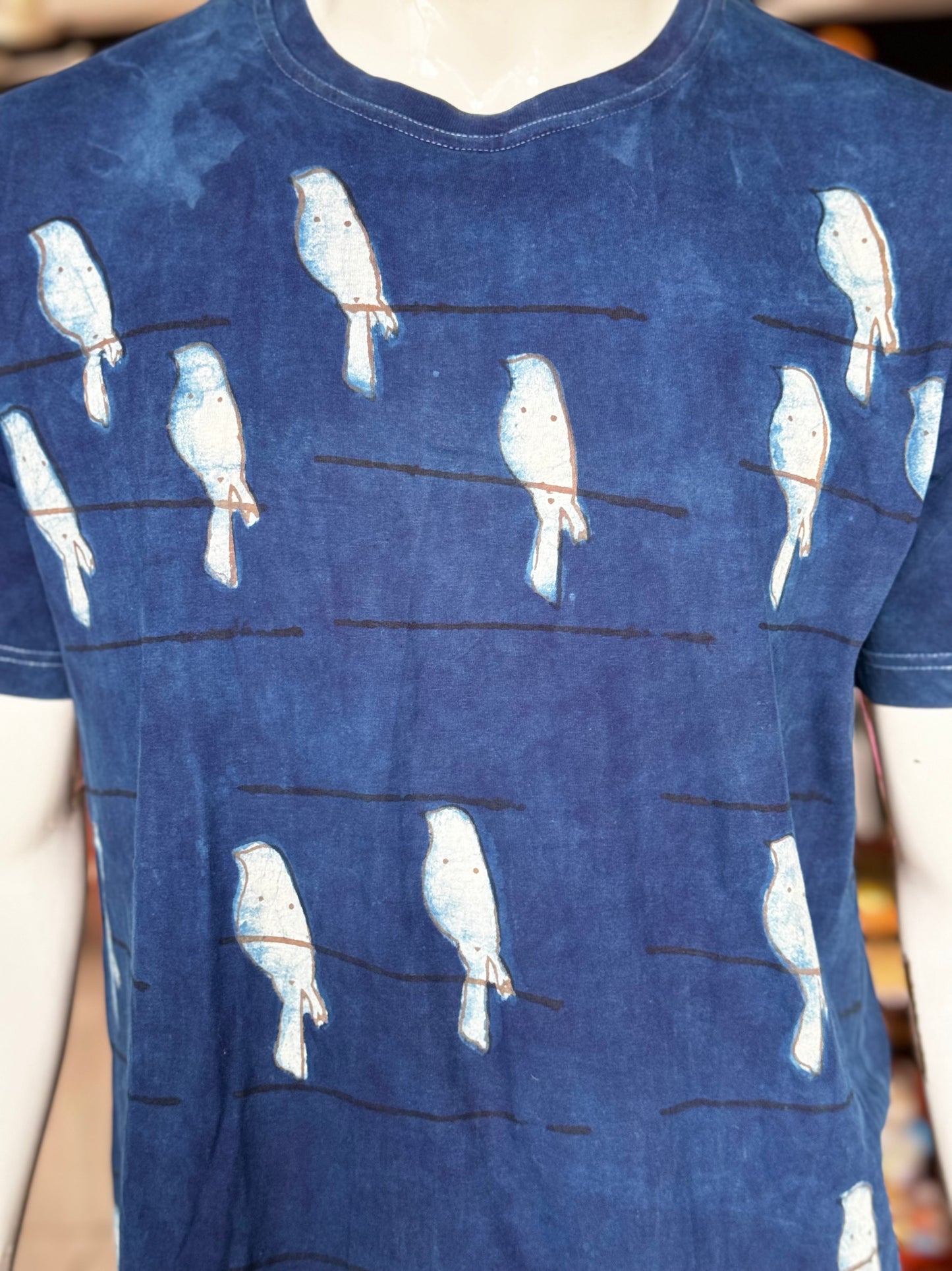 Indigo blue birds on a line- hand block printed natural dyed cotton t-shirt