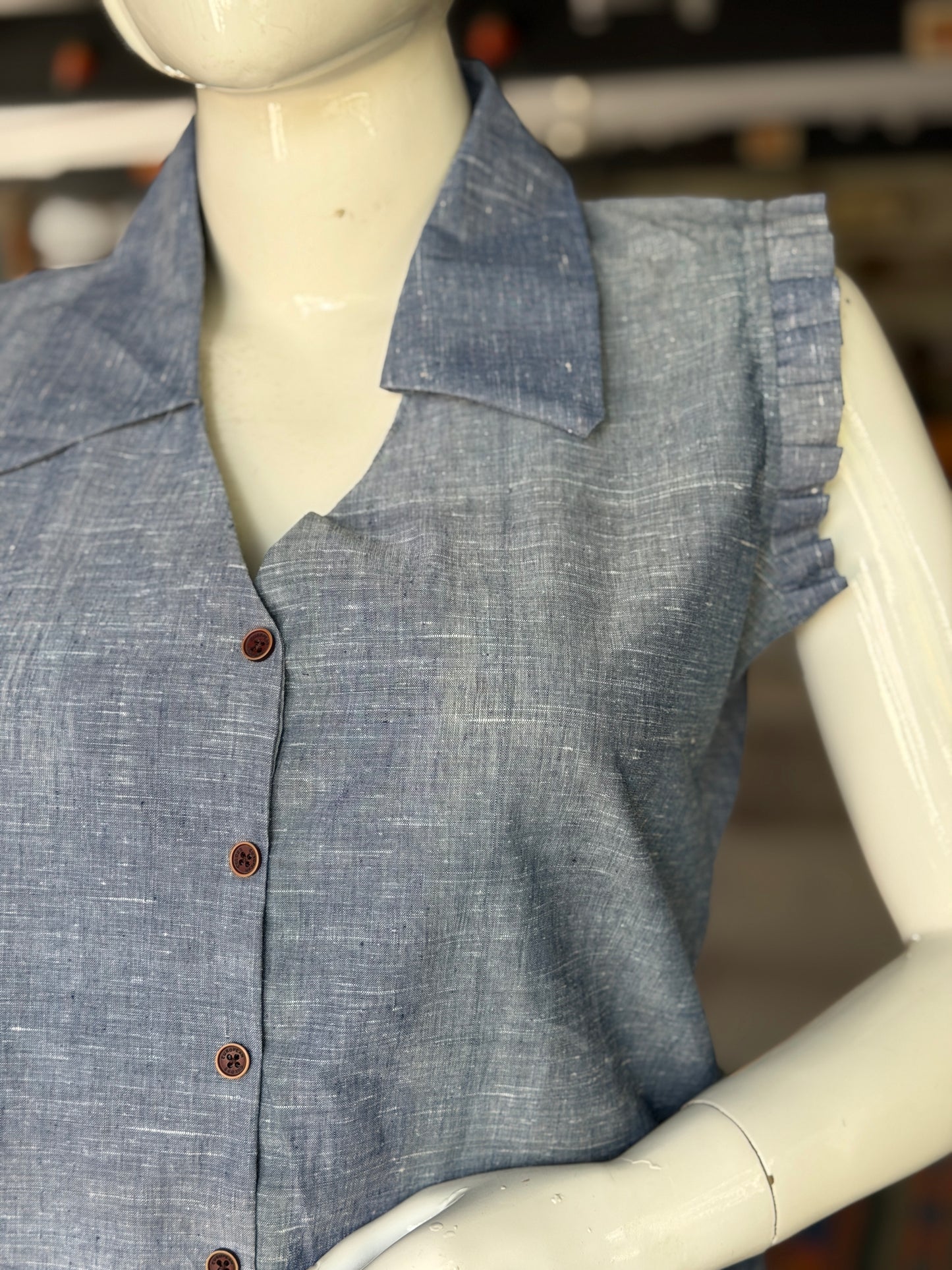 Bluish grey cotton handloom top with collar and frills sleeves - natural dyed