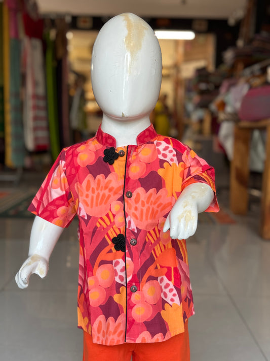 Red n orange floral printed band collared shirts for boys
