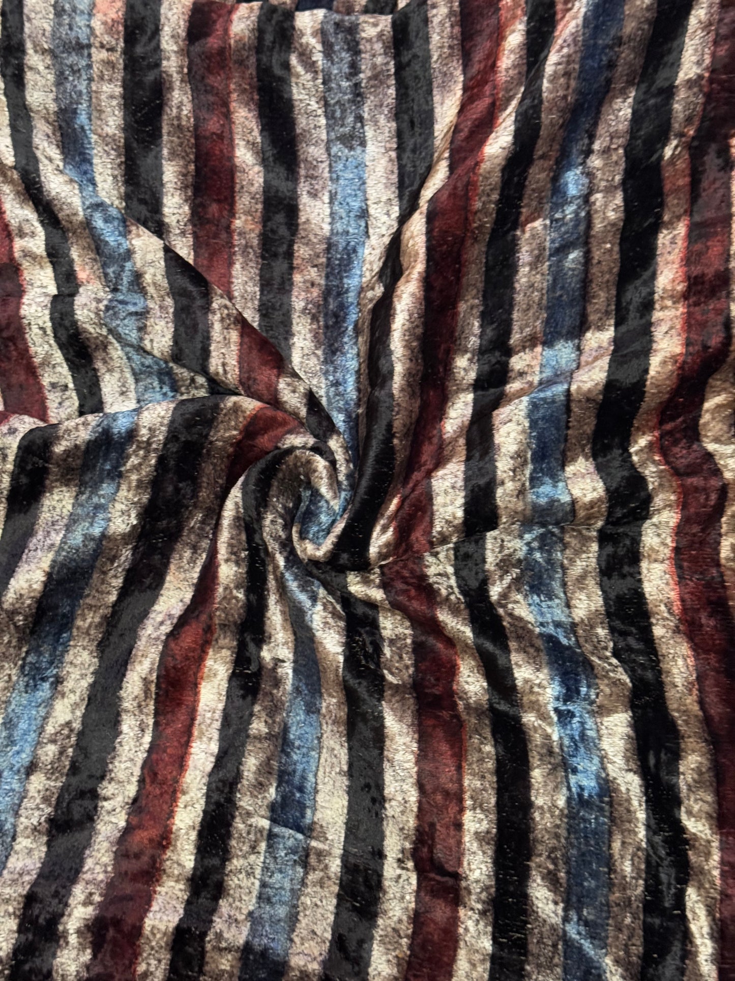 Stripes Ajrakh hand block print on velvet -  Indigo maroon black beige stripes