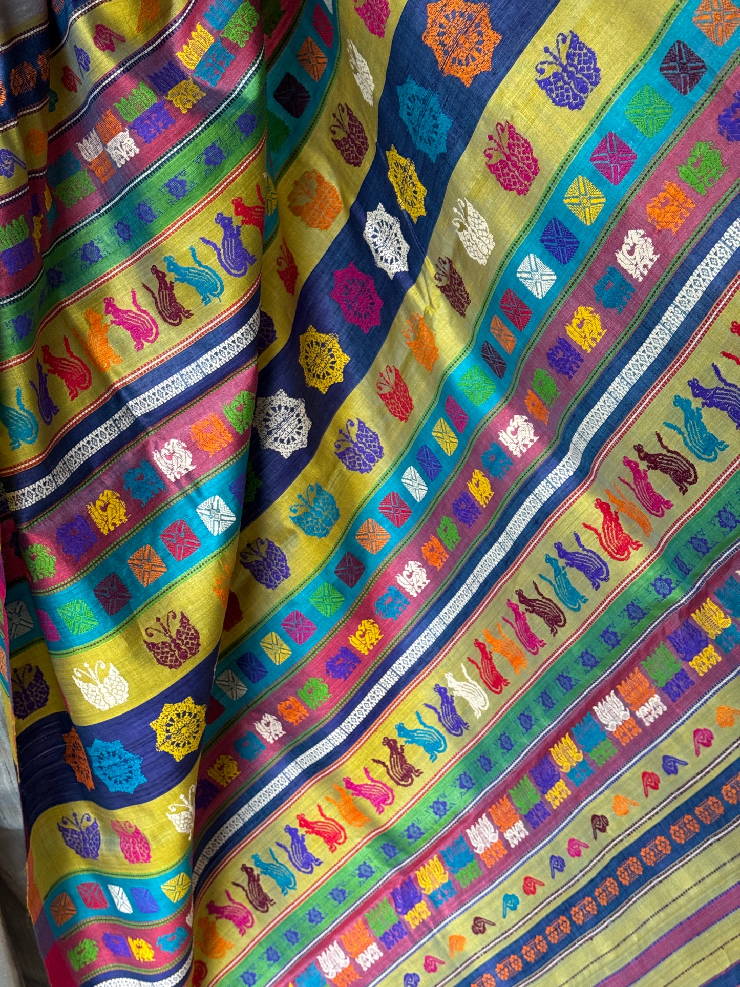 Silver blue tone pure tussar silk handwoven saree with extra weft flower butis and colorful jala palla