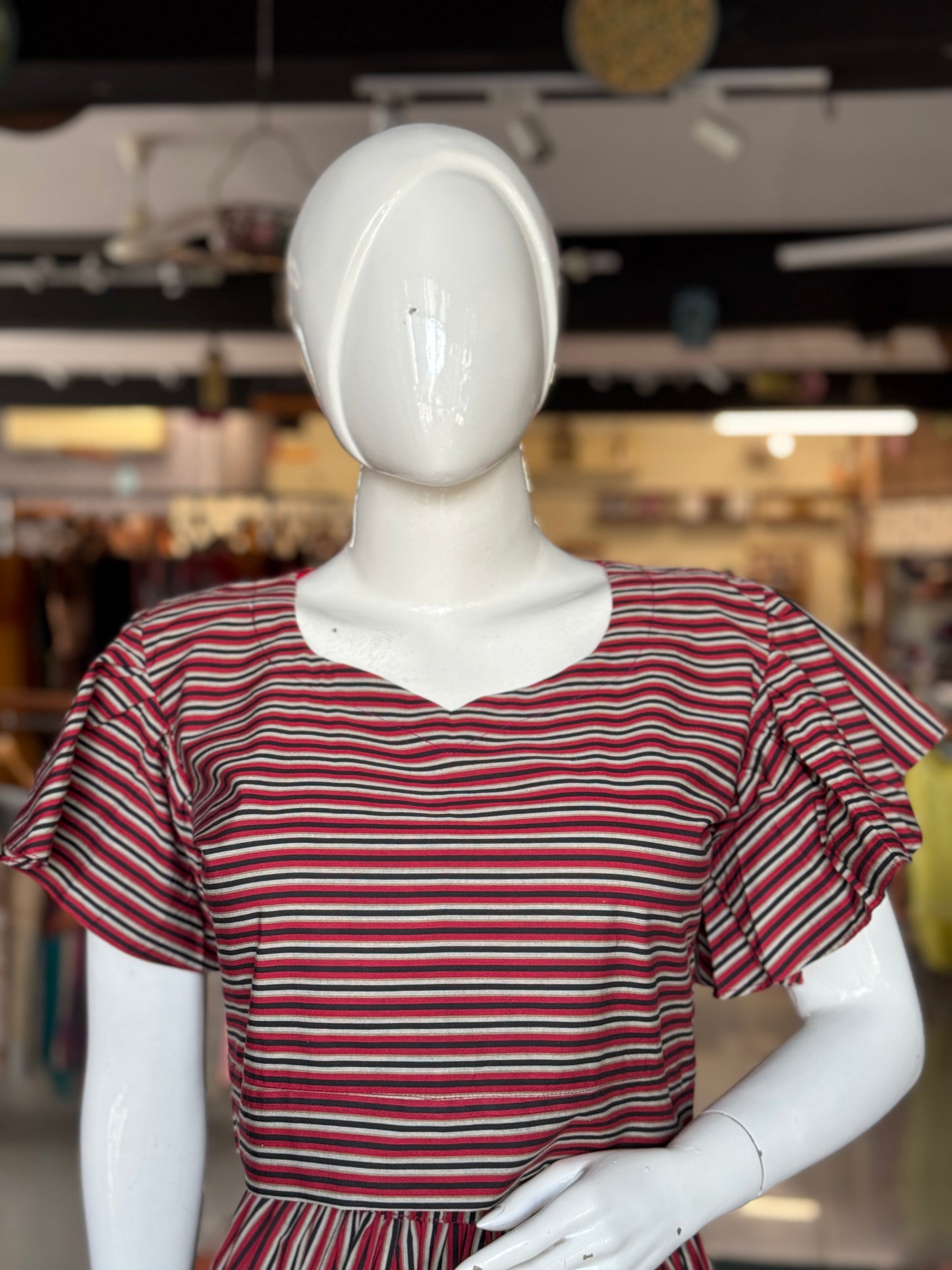 Red and black stripes cotton coord set with umbrella frill sleeves crop top and skirt