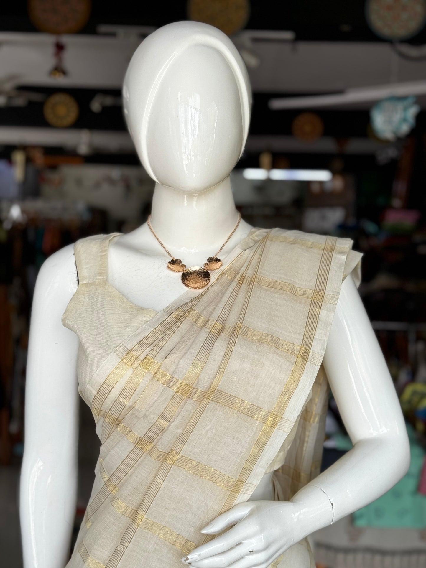 Gold handloom cotton tissue wide strap sleeves blouse - back open with lining