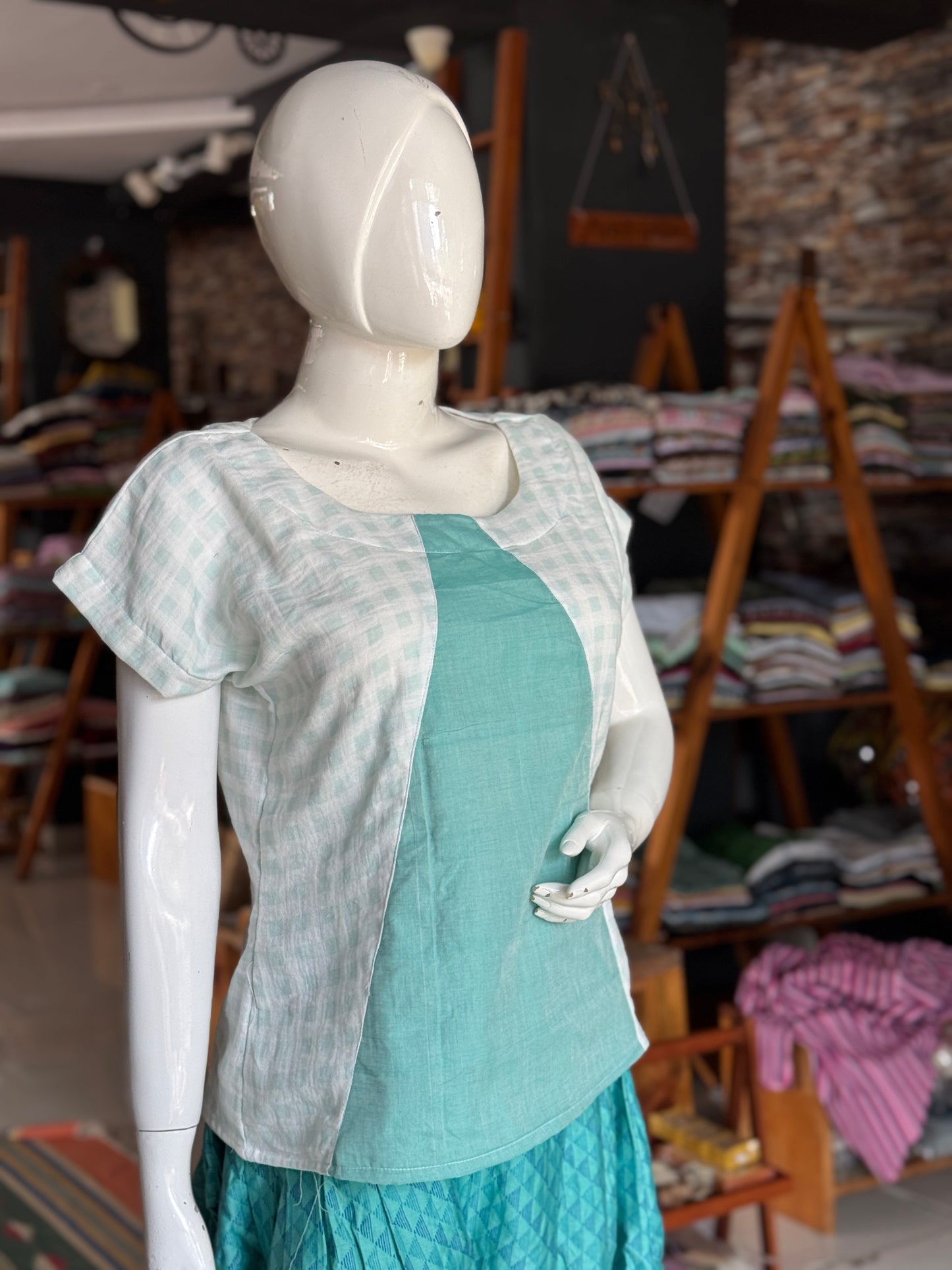 White n sea green checks soft double cotton crushed look top