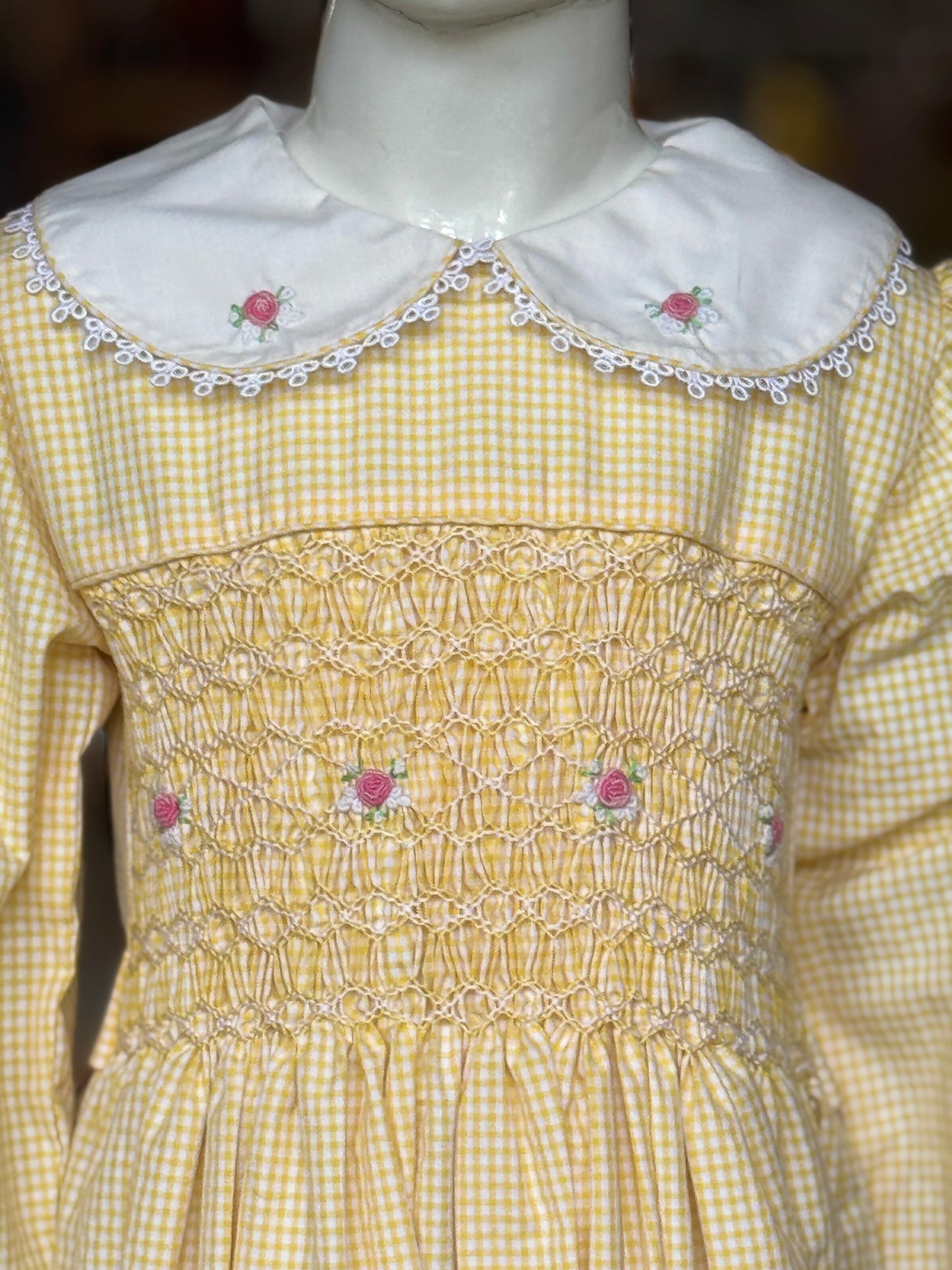 Yellow checks smocking cotton frock with embroidered collar and long sleeves