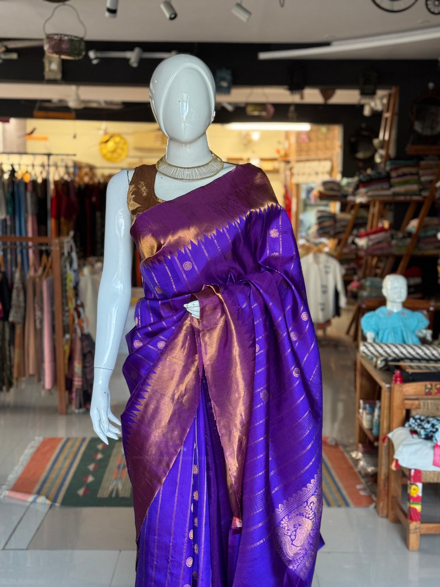 Violet stripes n butis pure silk handwoven Gadwal saree with kuttu temple border, rich palla