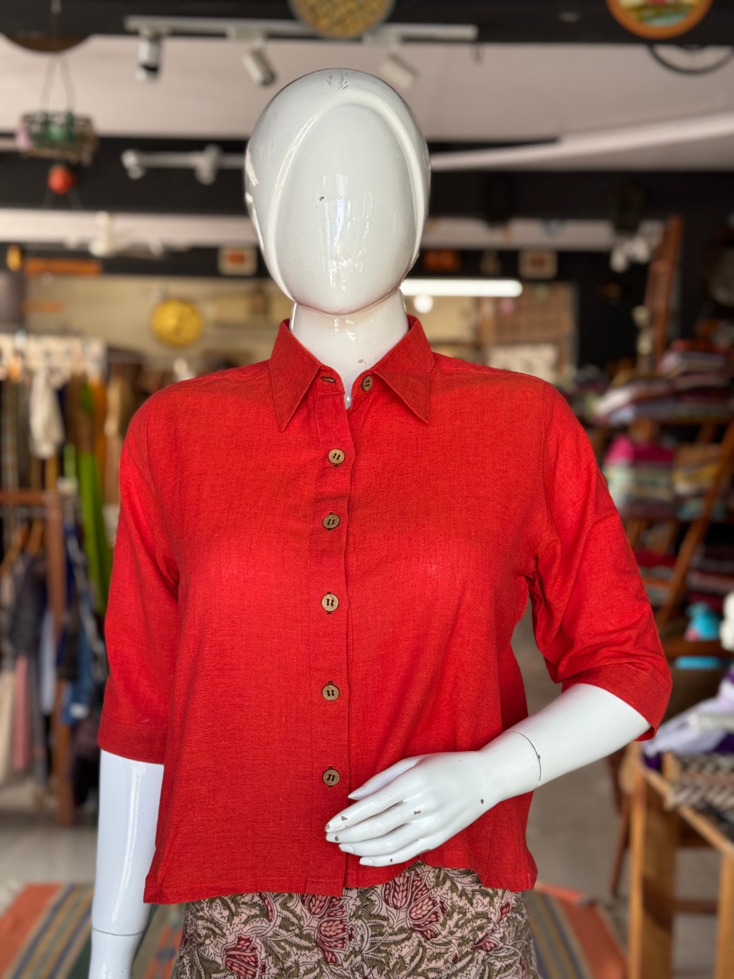 Orange plain cotton hand block printed high low cropped shirt