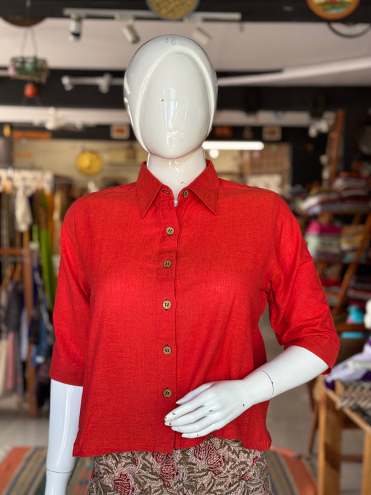 Orange plain cotton hand block printed high low cropped shirt