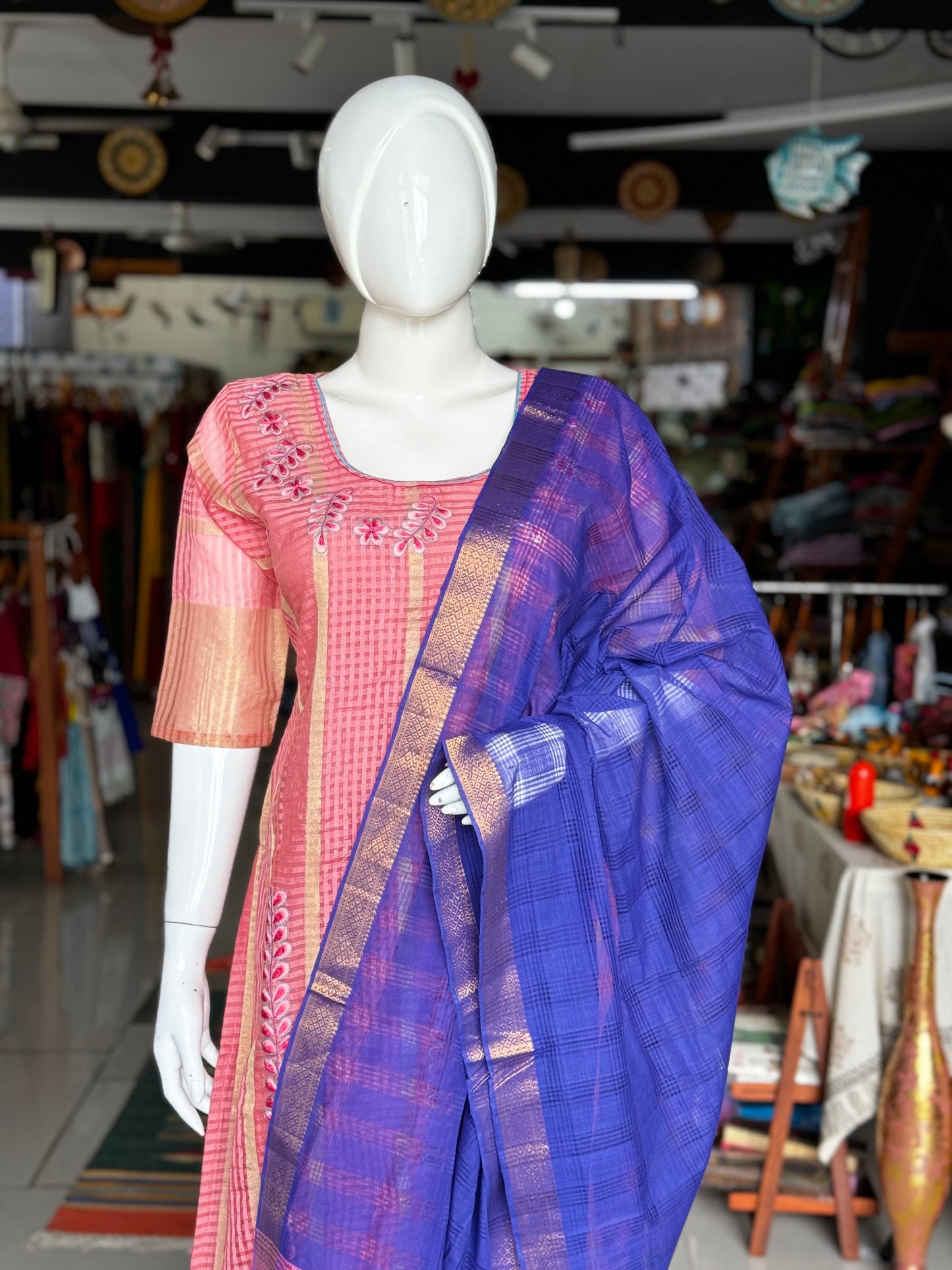 Blue and pink cotton handloom Mangalagiri missing checks dupatta with Zari border