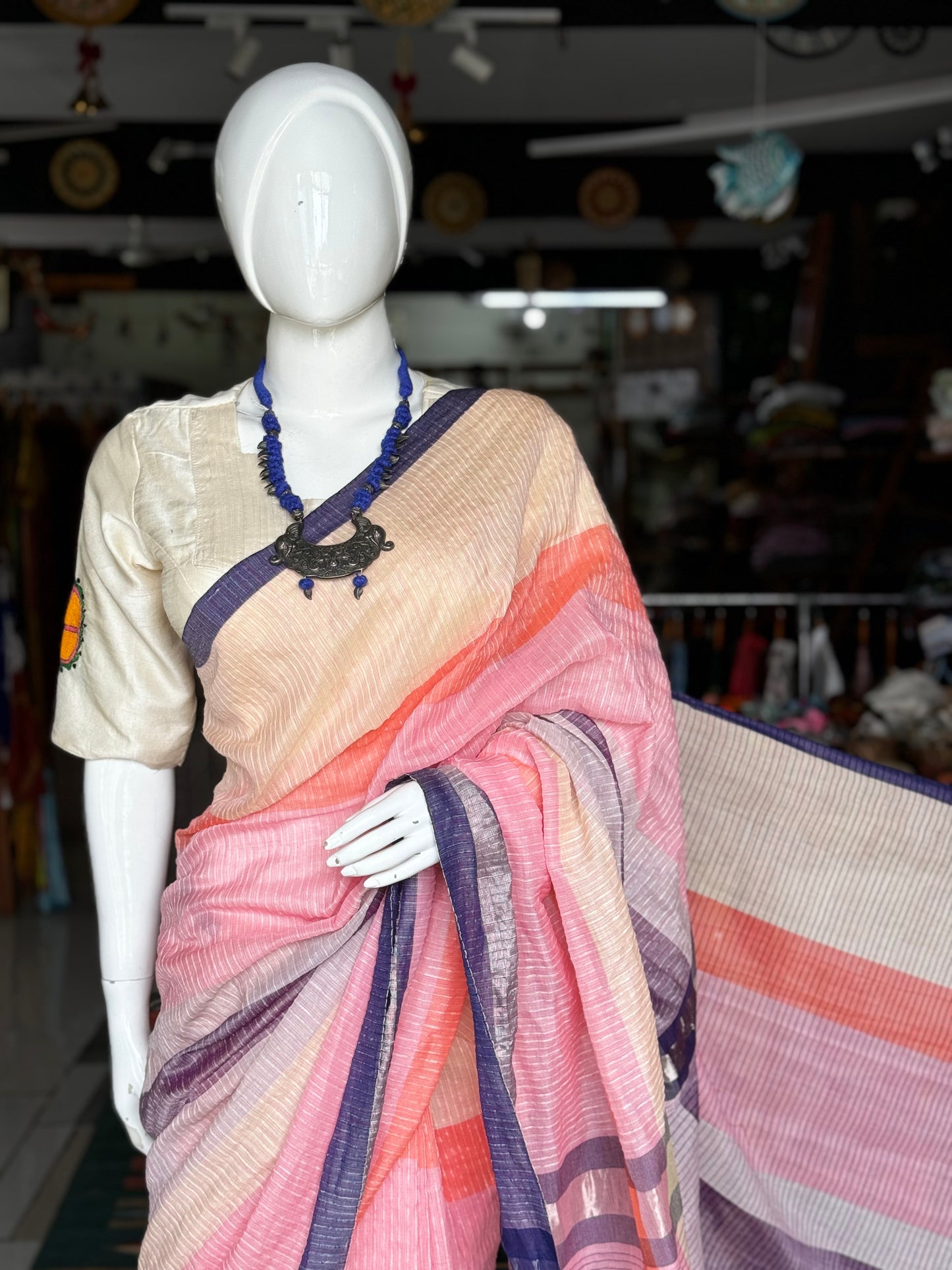 Multi color stripes color block handwoven linen cotton textured saree