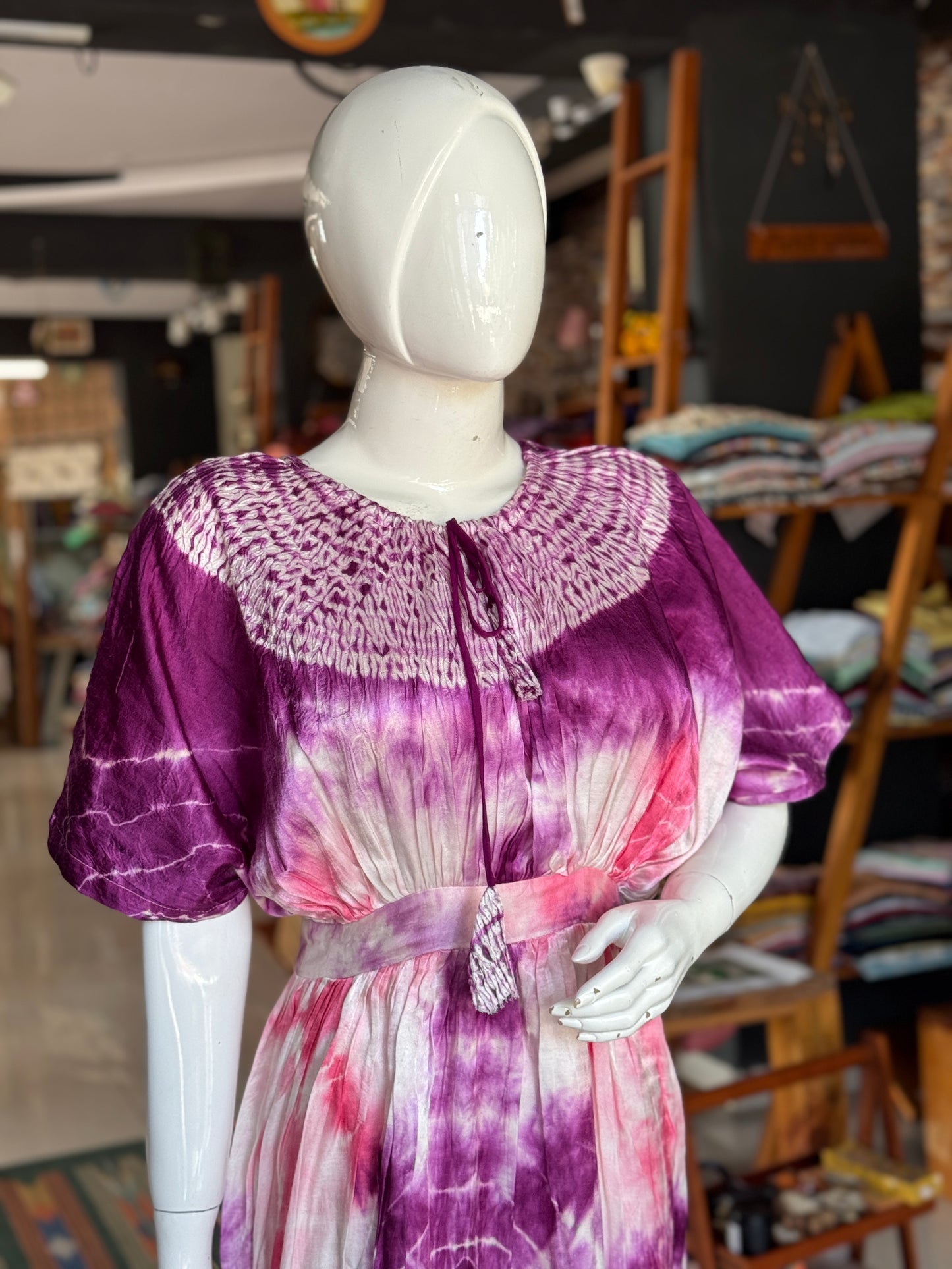 Purple and pink shibori and clamp dyed soft modal dress