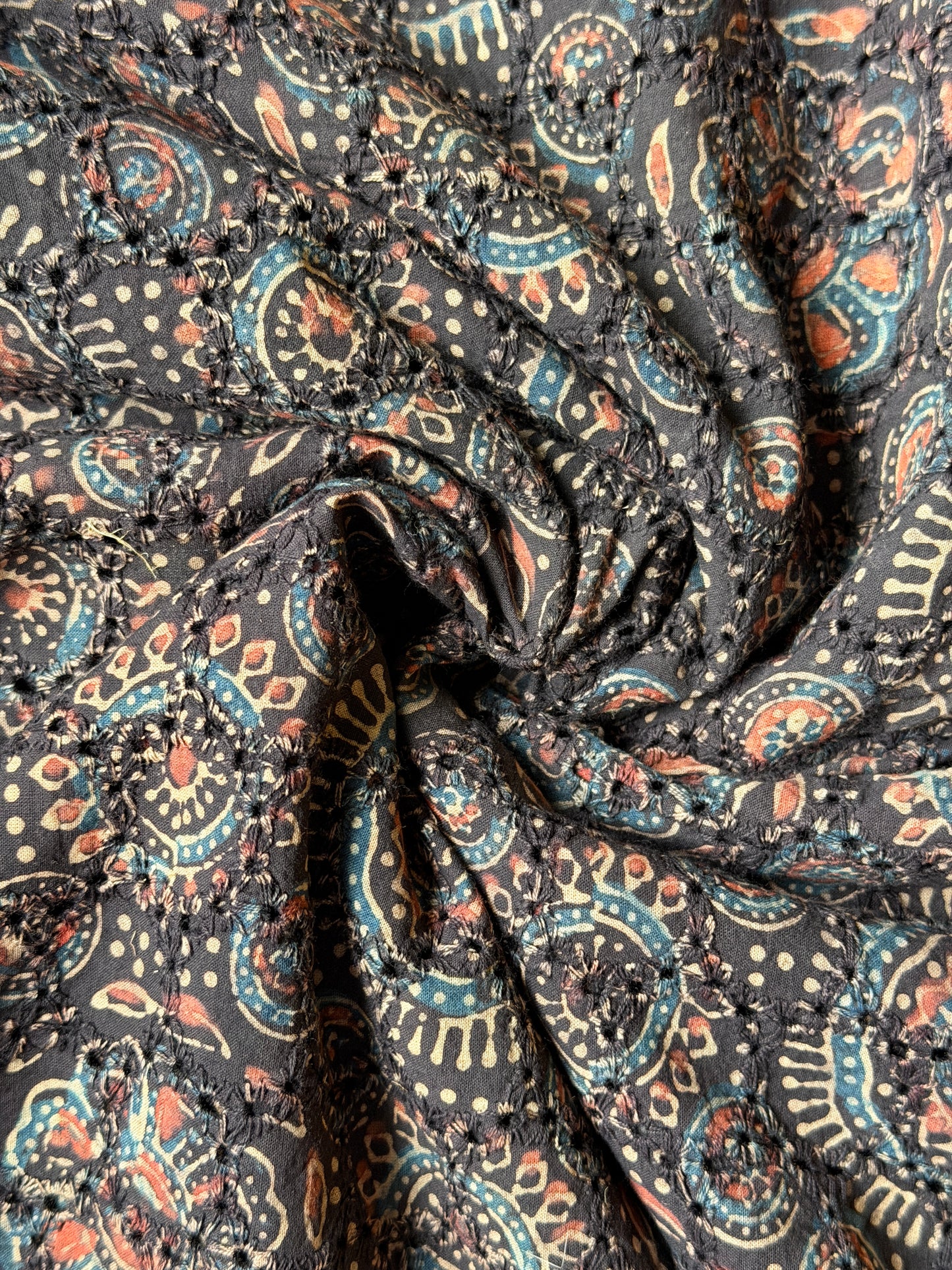 Hakoba cotton fabric with black Ajrakh hand block prints