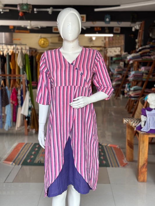 Pink and violet stripes, hand woven, cotton dress with layered look
