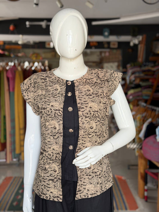 Black and Beige Kalamkari hand block printed handwoven cotton top
