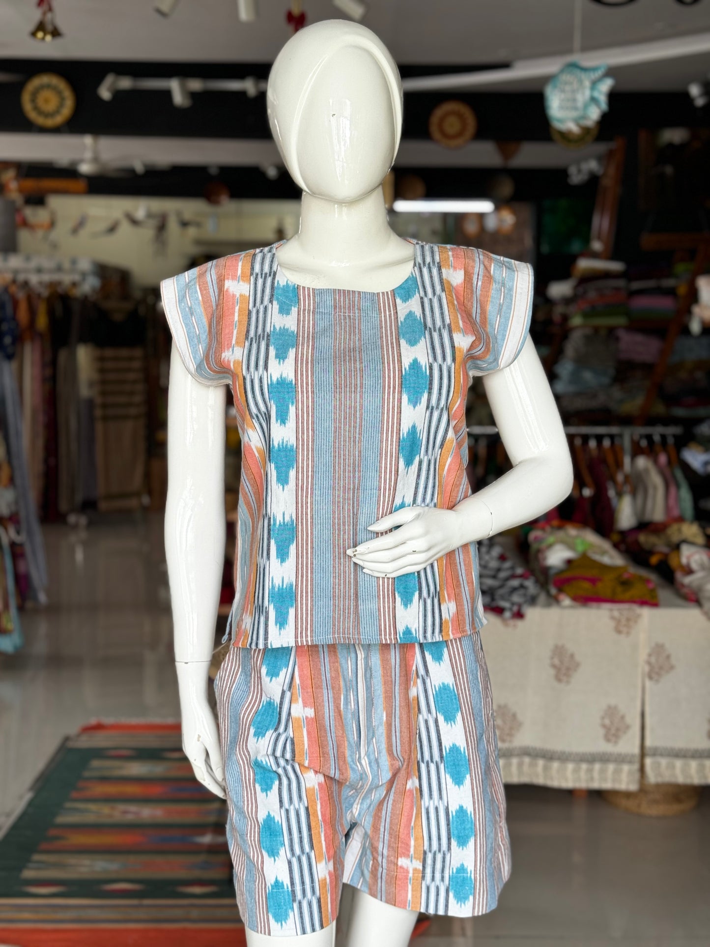 White and blue ikat weave relaxed fit handloom cotton top