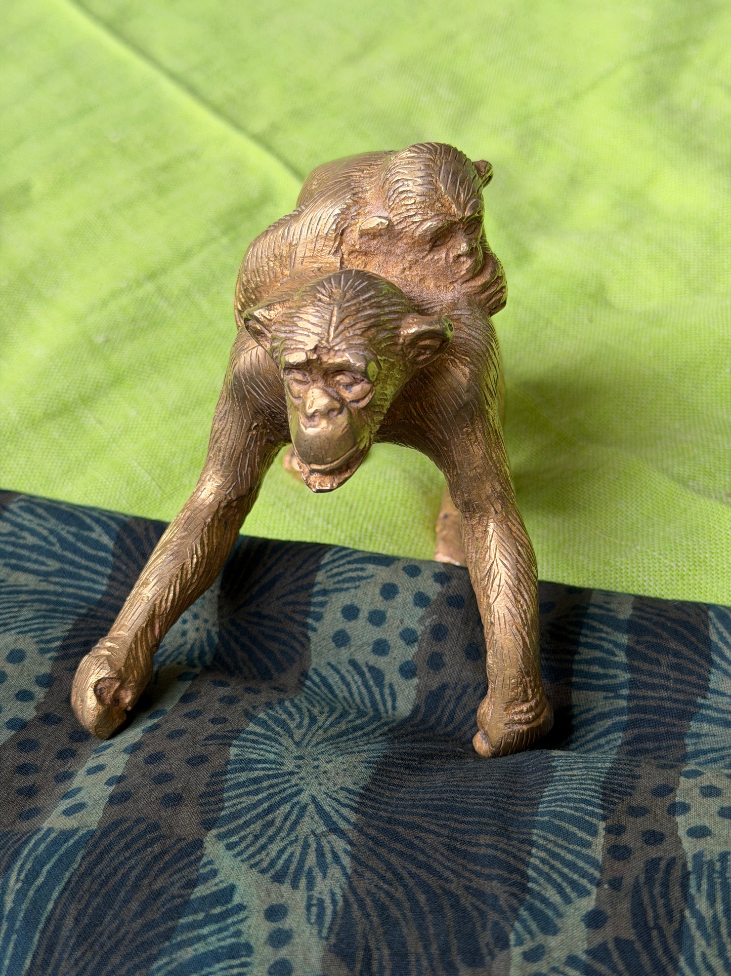 Motherly love - handcrafted brass vintage piece of mom ape carrying child ape on back