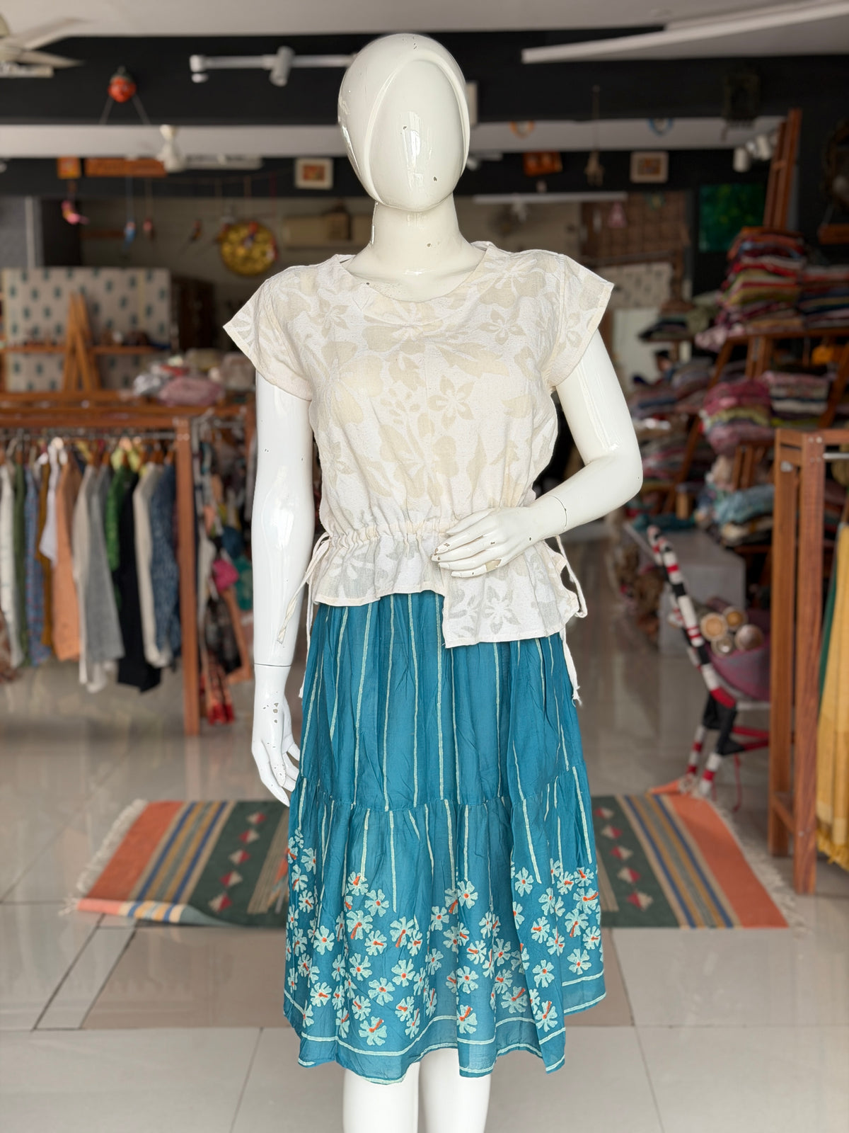 Teal Parijat hand block printed cotton skirt - free size