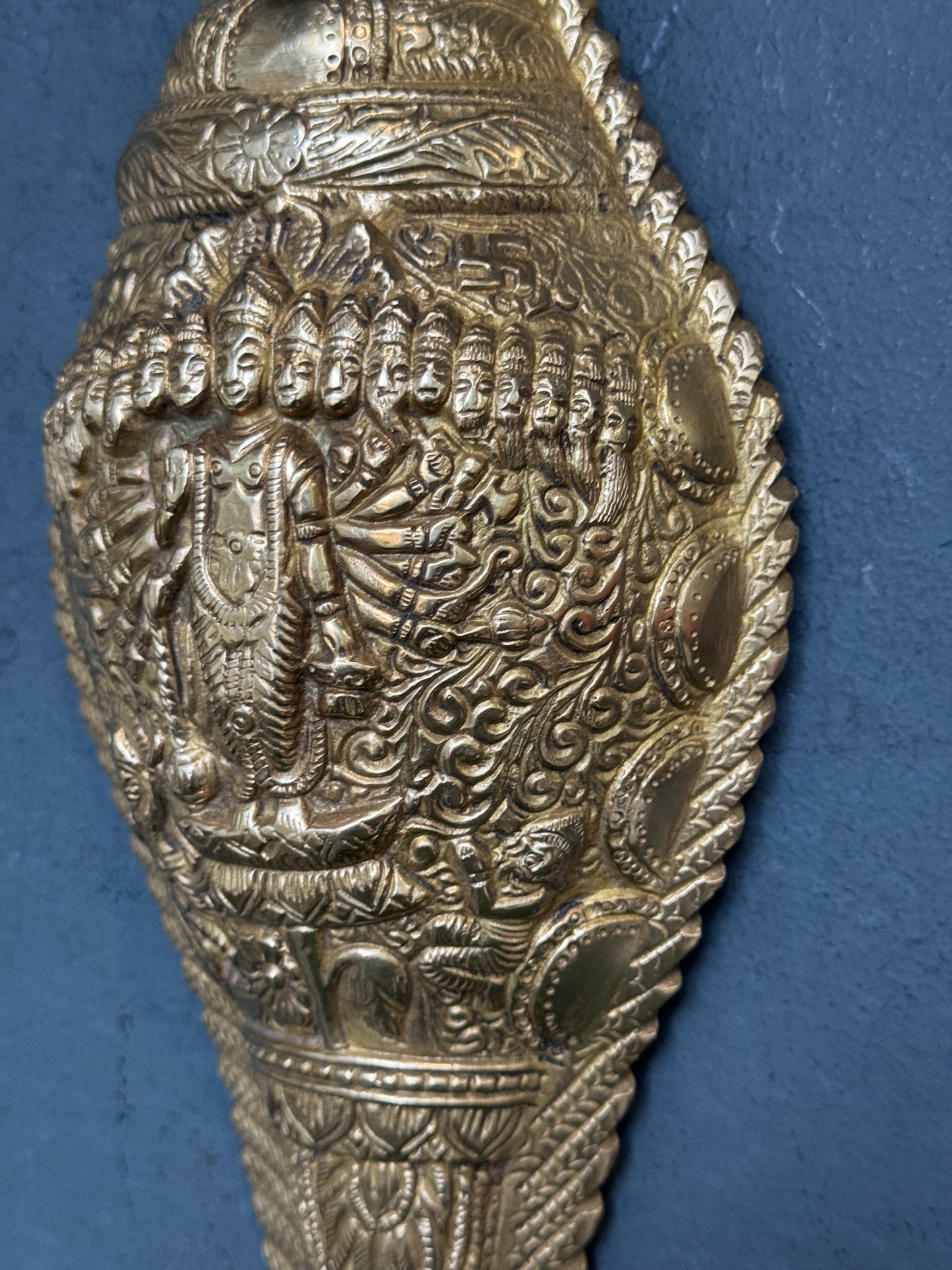 Vishwaroopam - Vishnu ji on brass shell shaped vintage wall plate