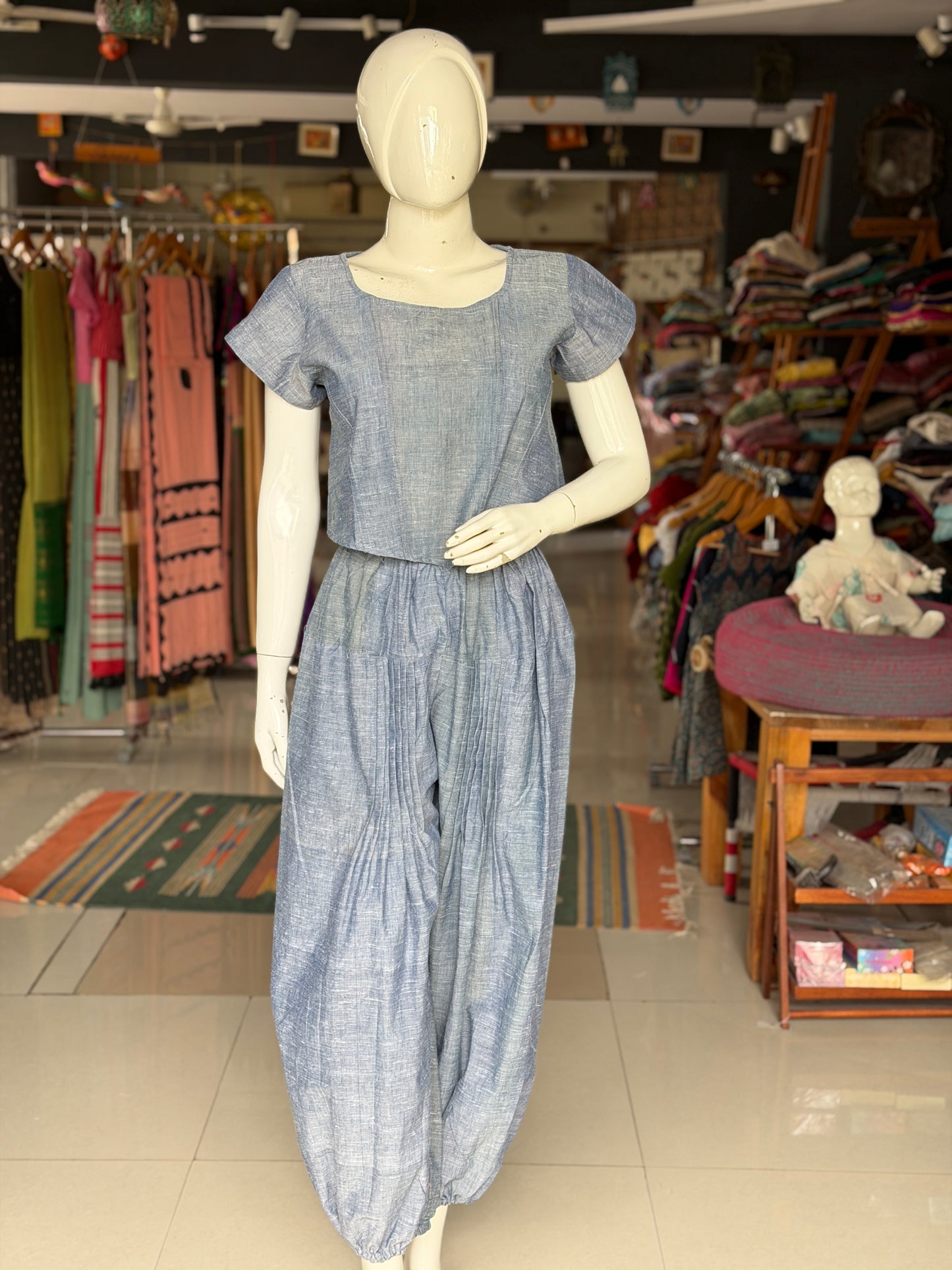 Bluish grey cotton handloom crop top with sleeves - natural dyed