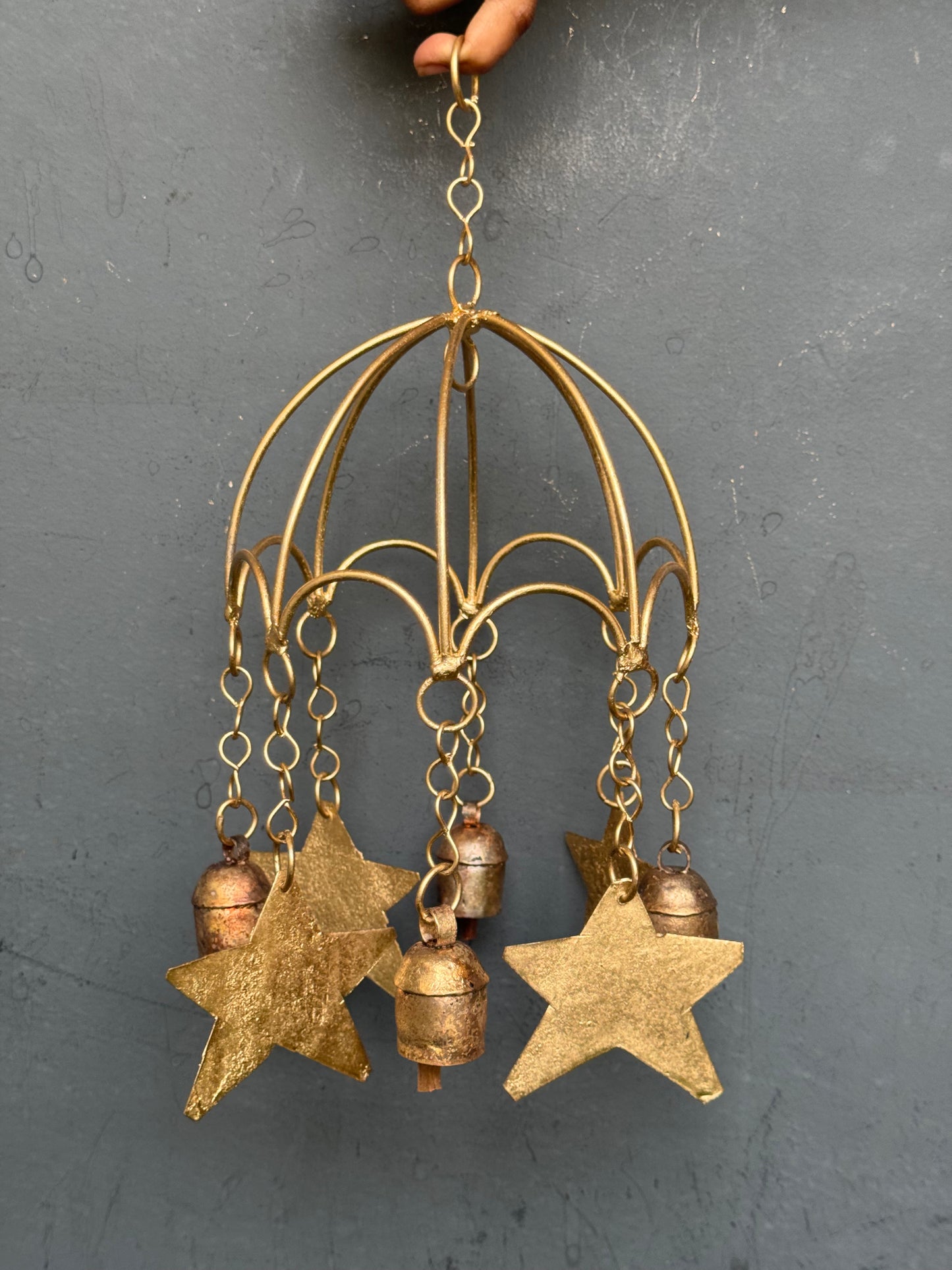 Stars and bells under 3D dome umbrella - copper handcrafted bells hanging