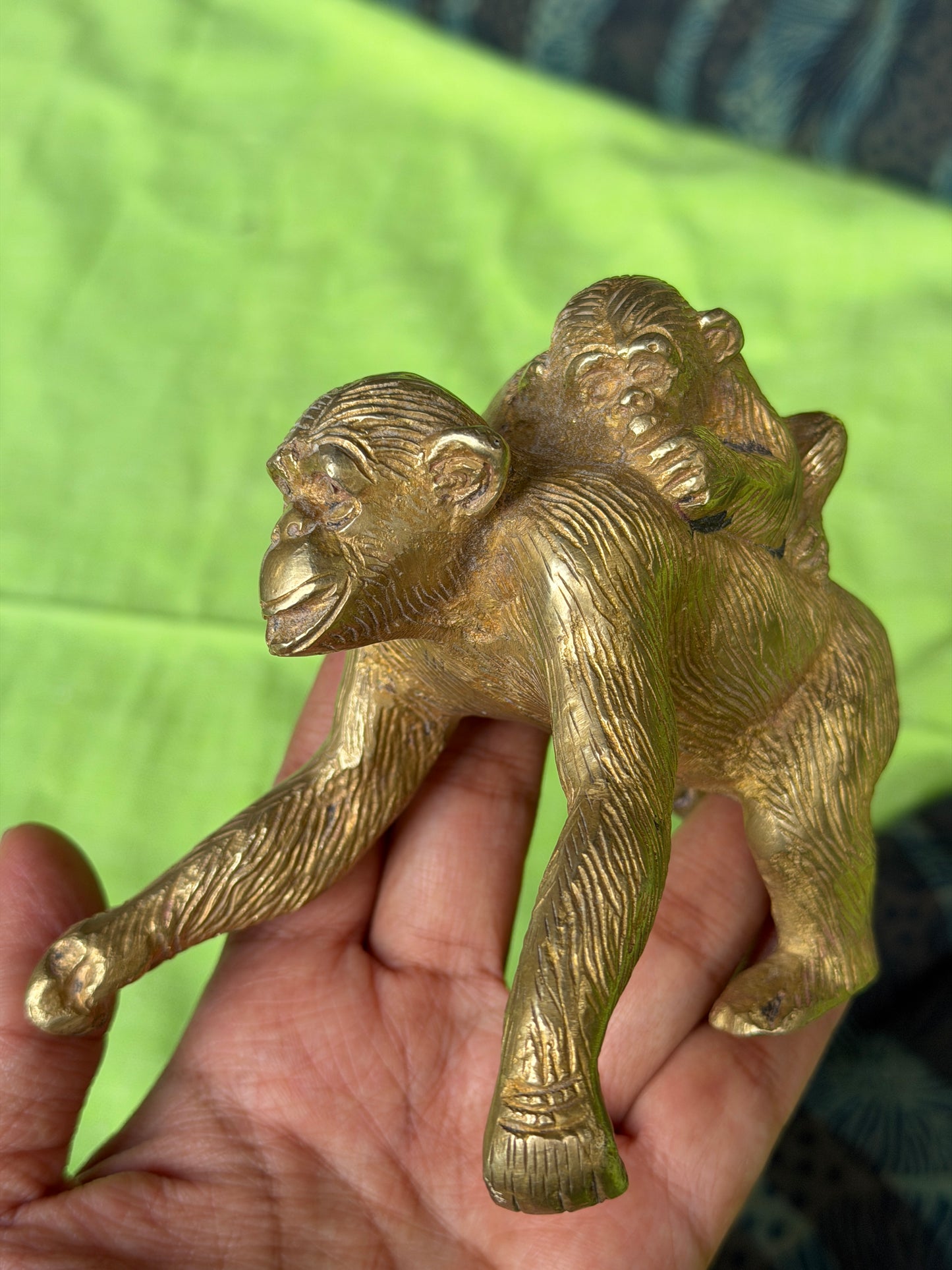 Motherly love - handcrafted brass vintage piece of mom ape carrying child ape on back
