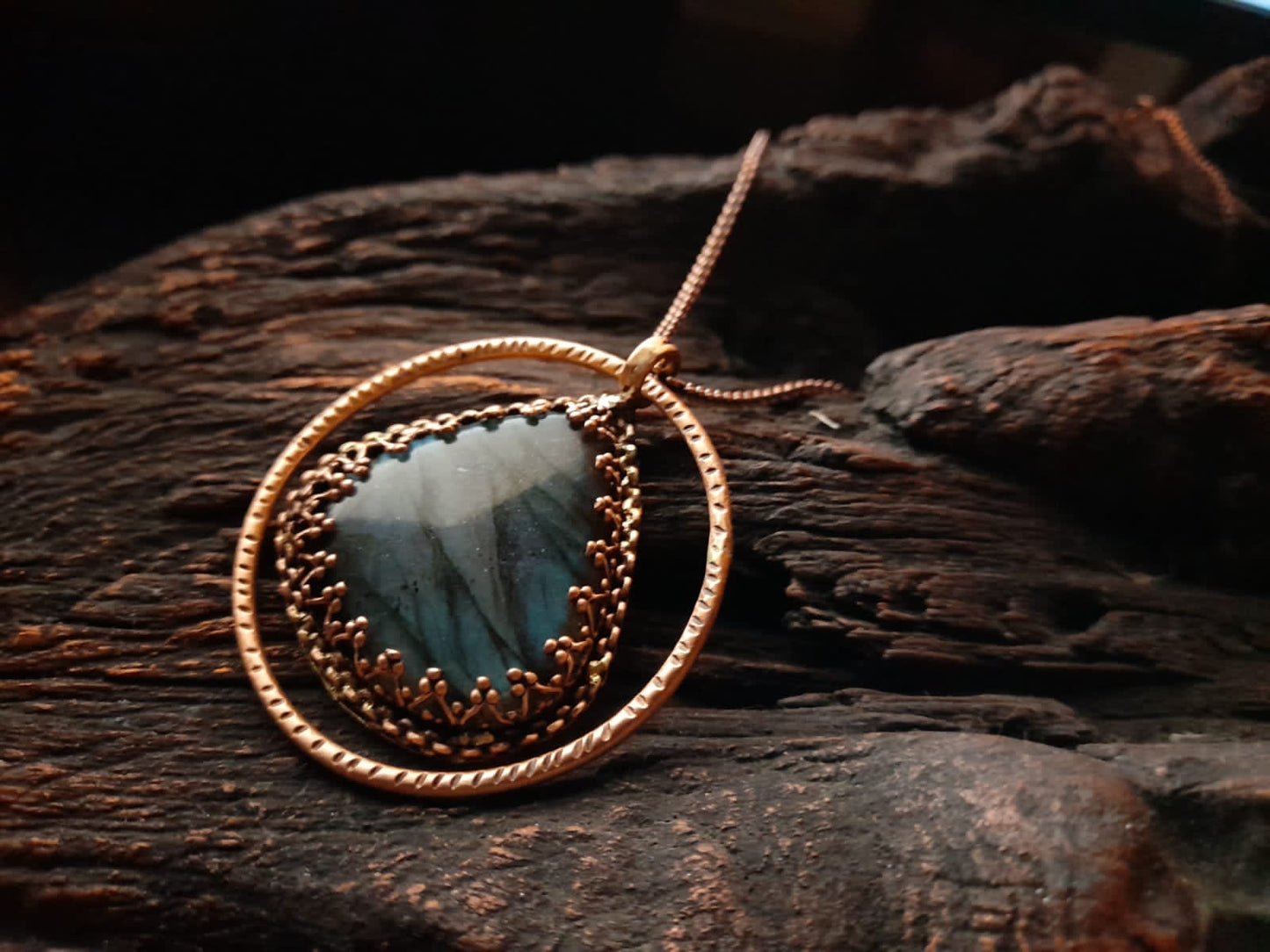 Labradorite copper handcrafted designer necklace with triangular pendant in a circle