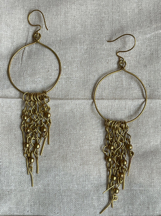 Beaded chain drops on a round Brass handcrafted long hooks earrings