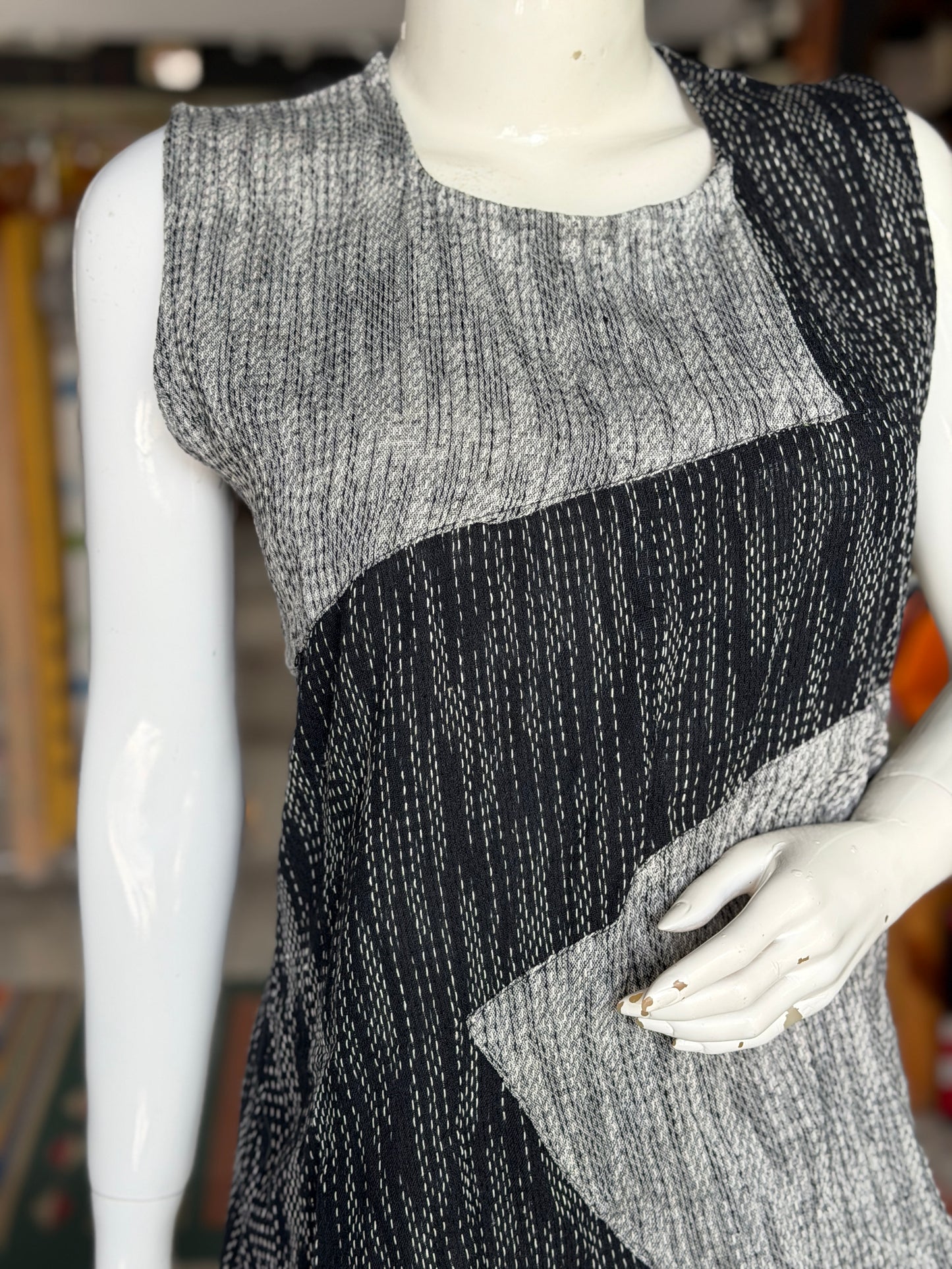 Grey n black - hand spun, handwoven cotton top with woven thread kantha