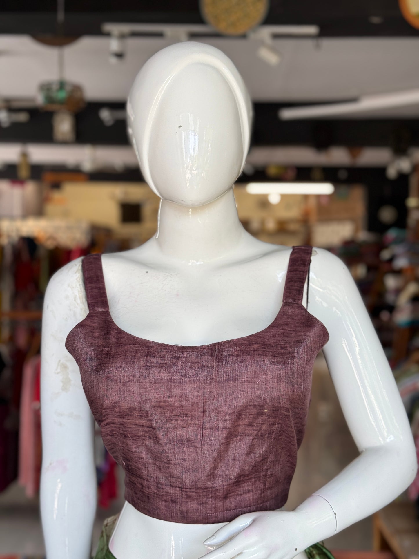 Plum strap sleeves back open silk blouse