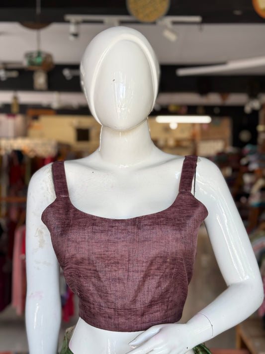 Plum strap sleeves back open silk blouse