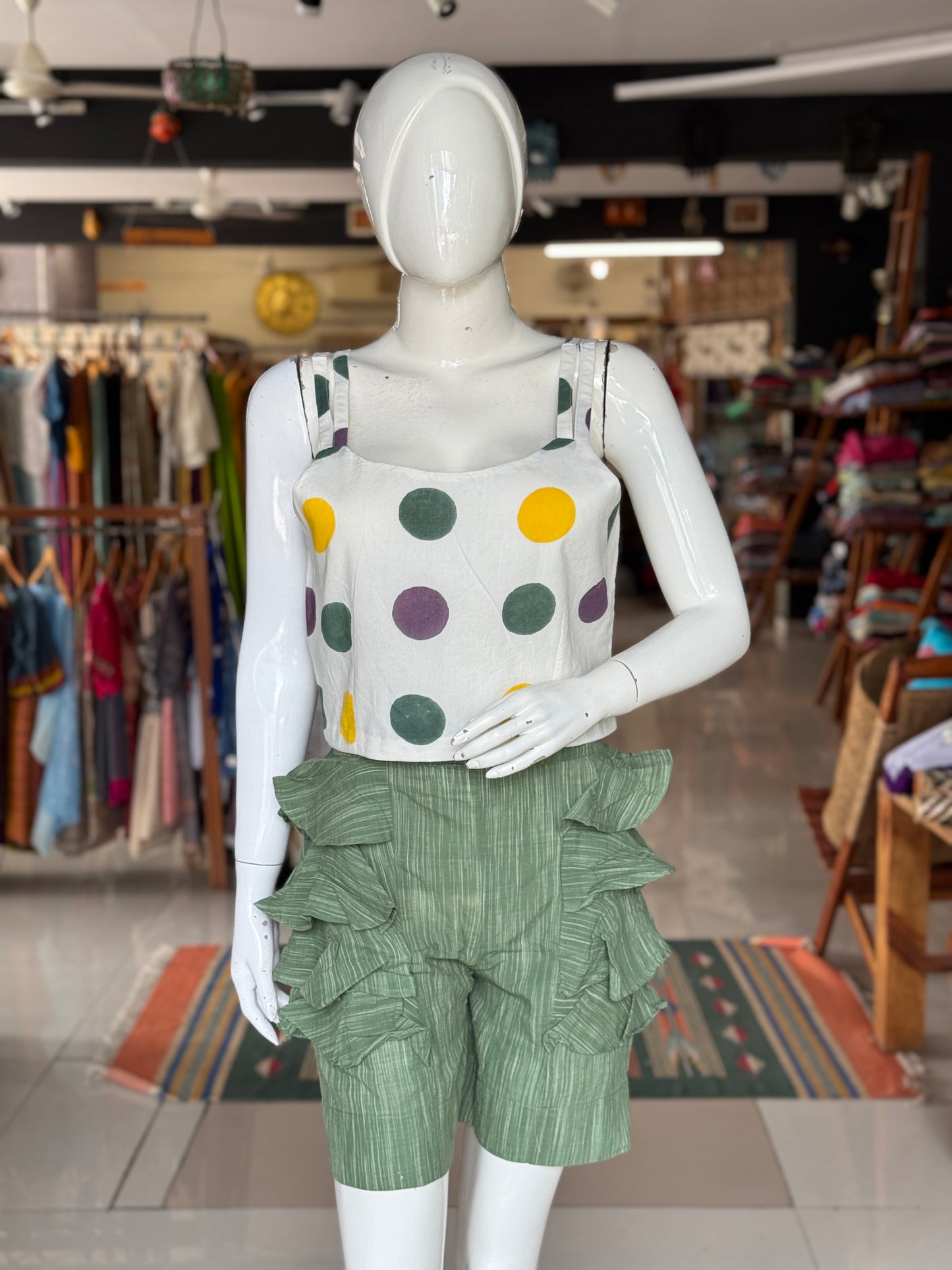 Strappy crop top with colorful circles on white base - cotton hand block printed