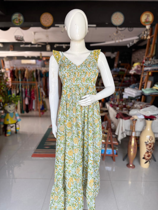 Green hand block printed designer cotton dress with pintucks