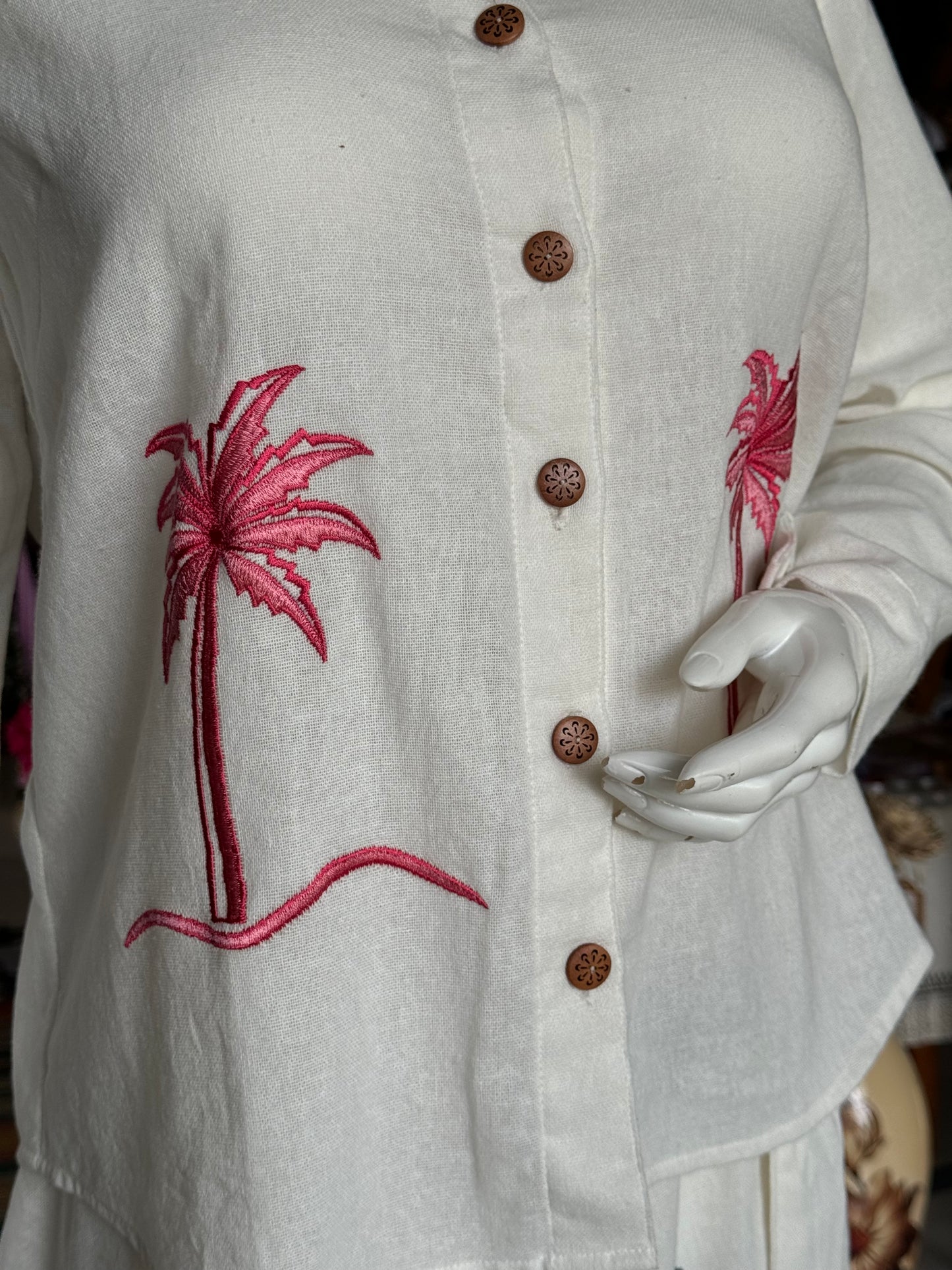 Tree embroidered off white cotton full sleeves shirt for women