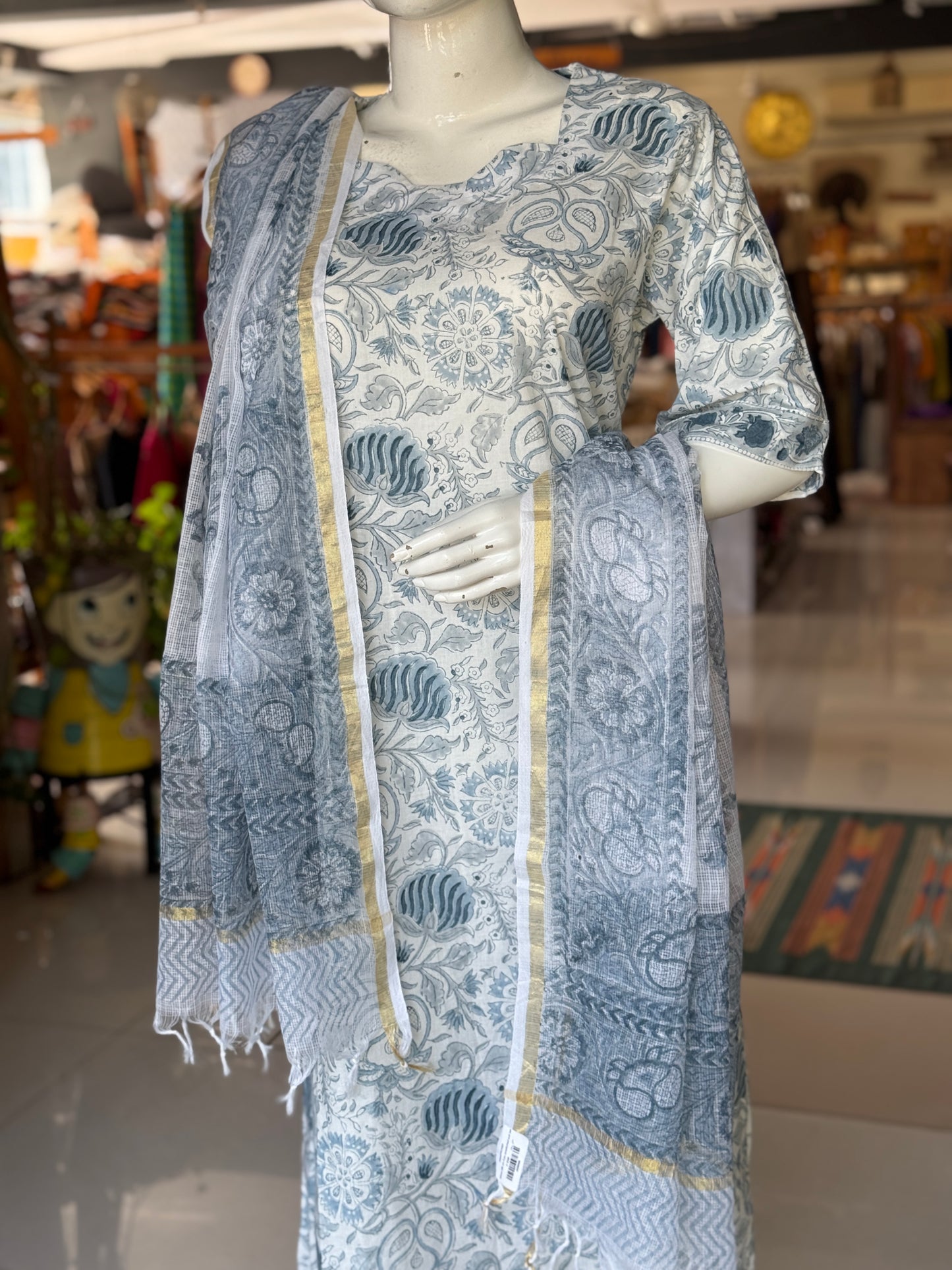 White n blue hand block printed cotton 3 piece a-line kurta suit set with kota doria dupatta