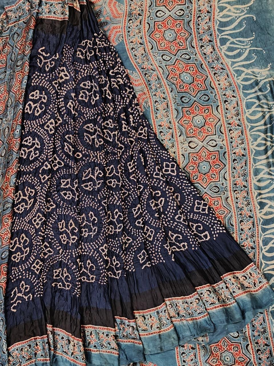 Bandini, Ajrakh silk saree - natural dyed, hand block printed Ajrakh paired with with fine Bandini on soft Gajji silk