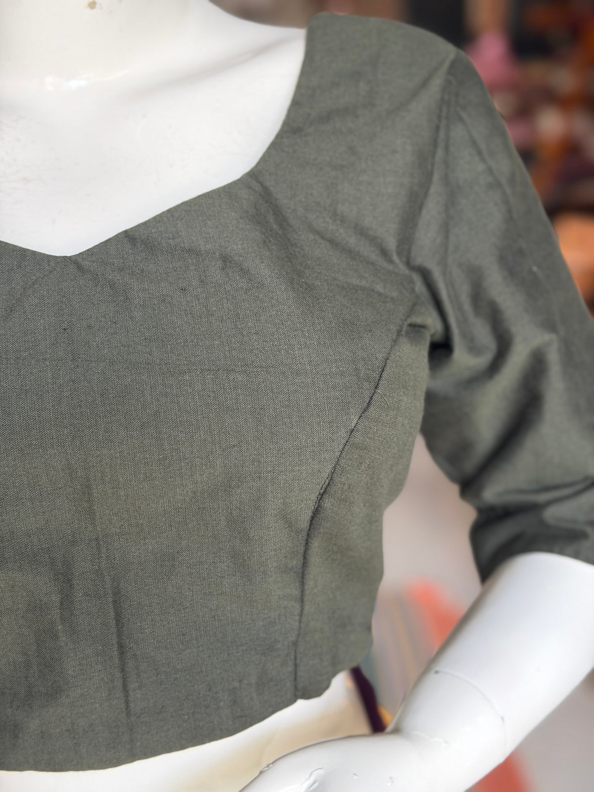 Dark green hand woven cotton elbow sleeves back open blouse