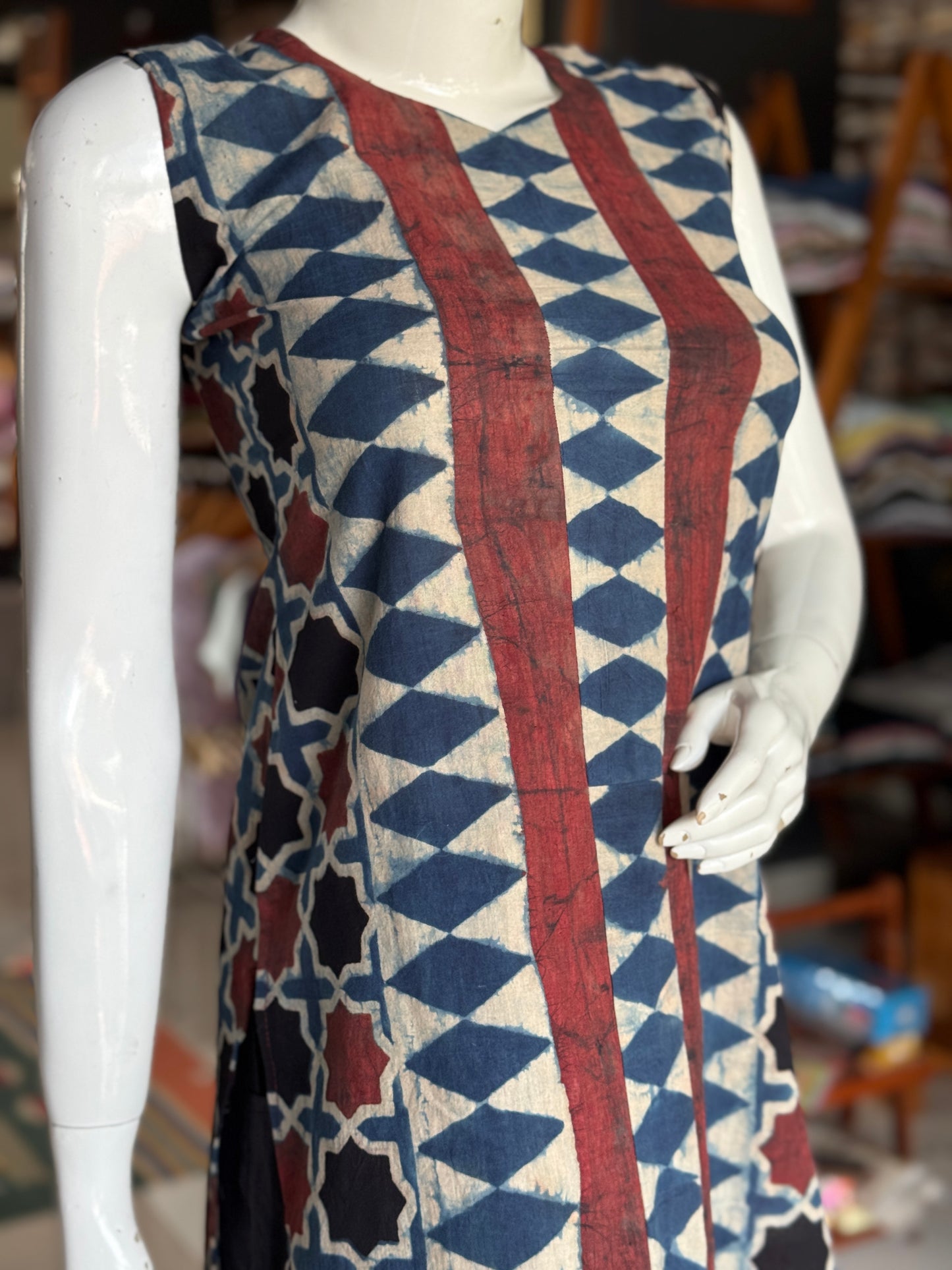Indigo Ajrakh hand block printed cotton sleeveless straight kurti with diamond pattern
