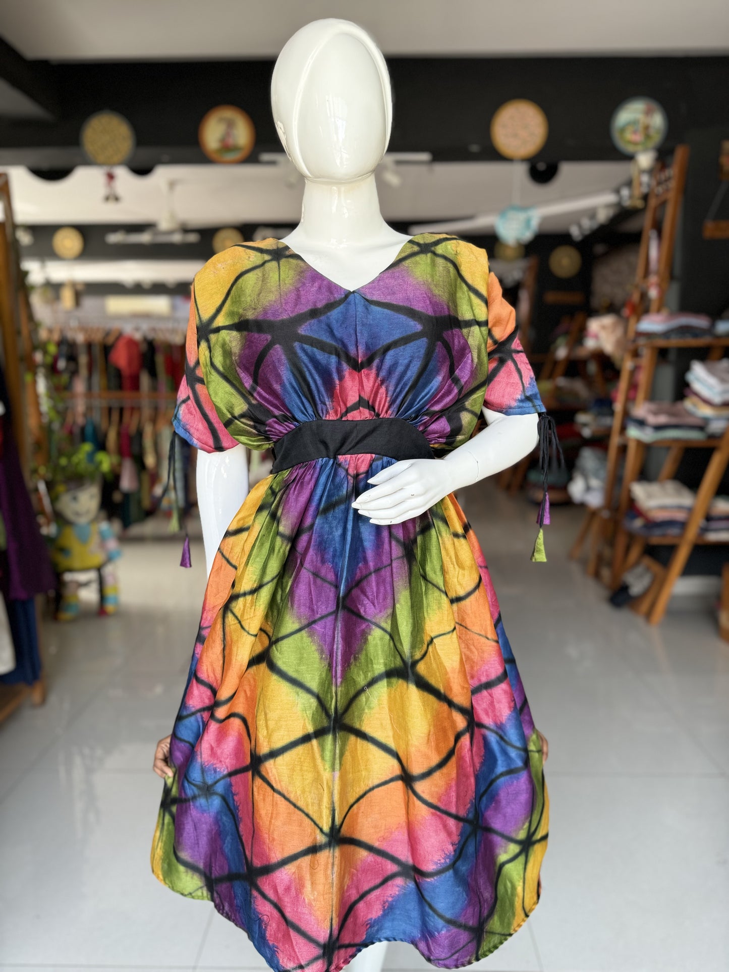 Colorful clamp dyed Chanderi designer dress