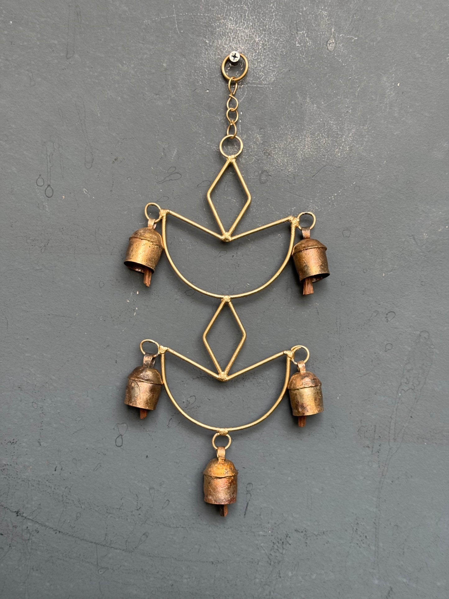 Double Diya / deepam  - copper handcrafted 5 bells hanging