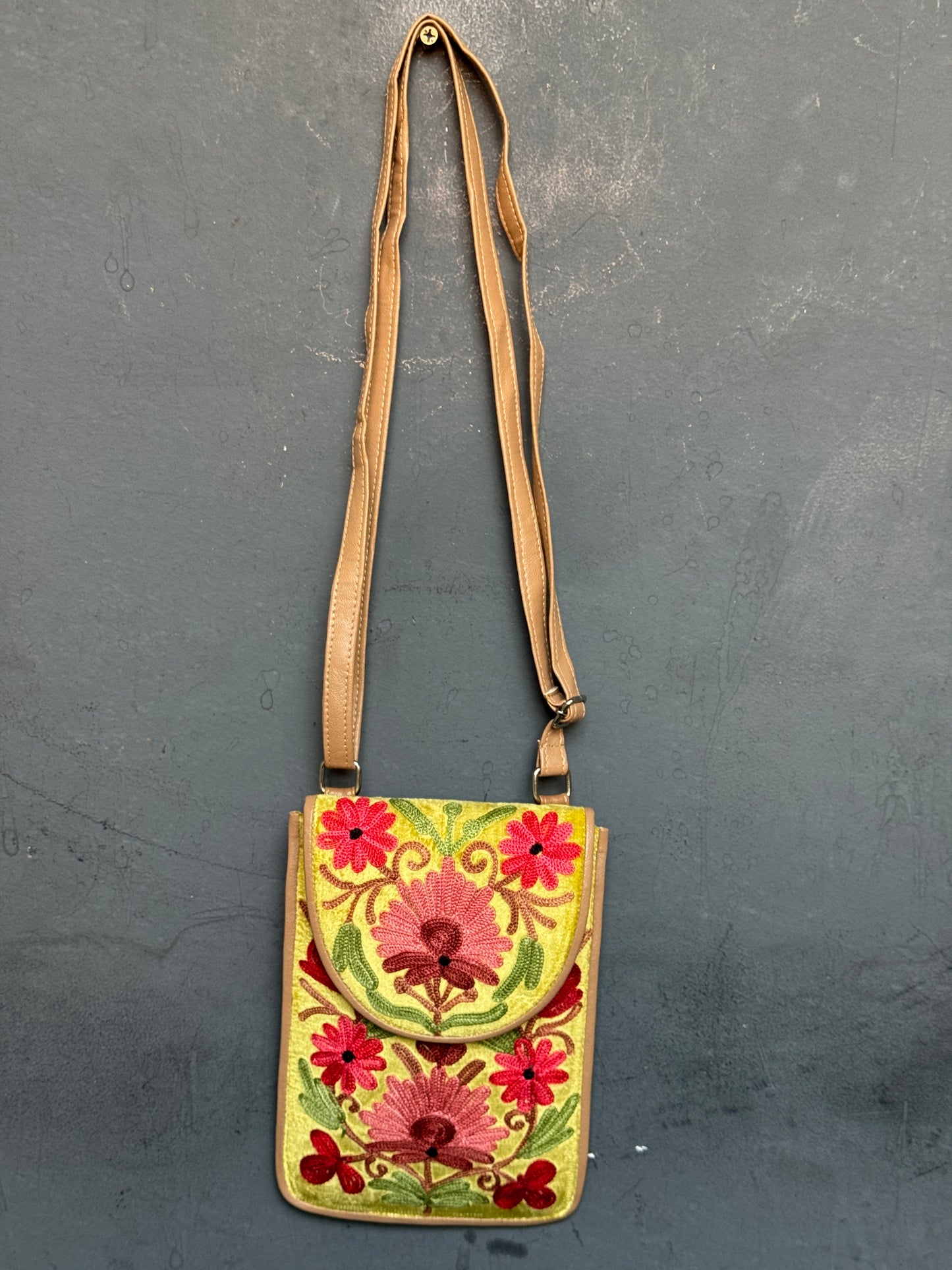 Mobile phone sling pouch - Kashmiri floral Aari embroidered with adjustable length strap and zippered back pocket - colors available