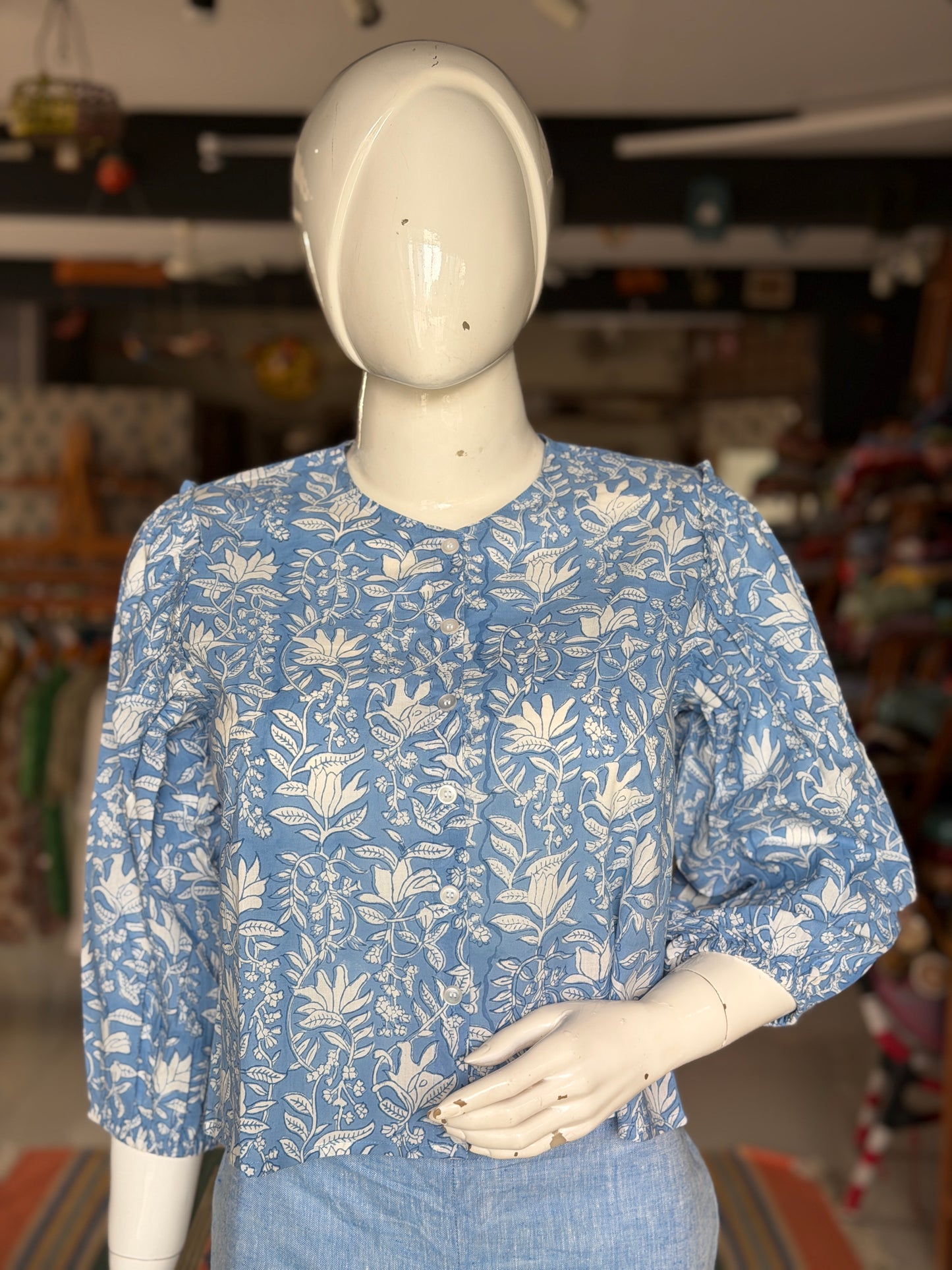 Blue floral cotton top - hand block printed crop top