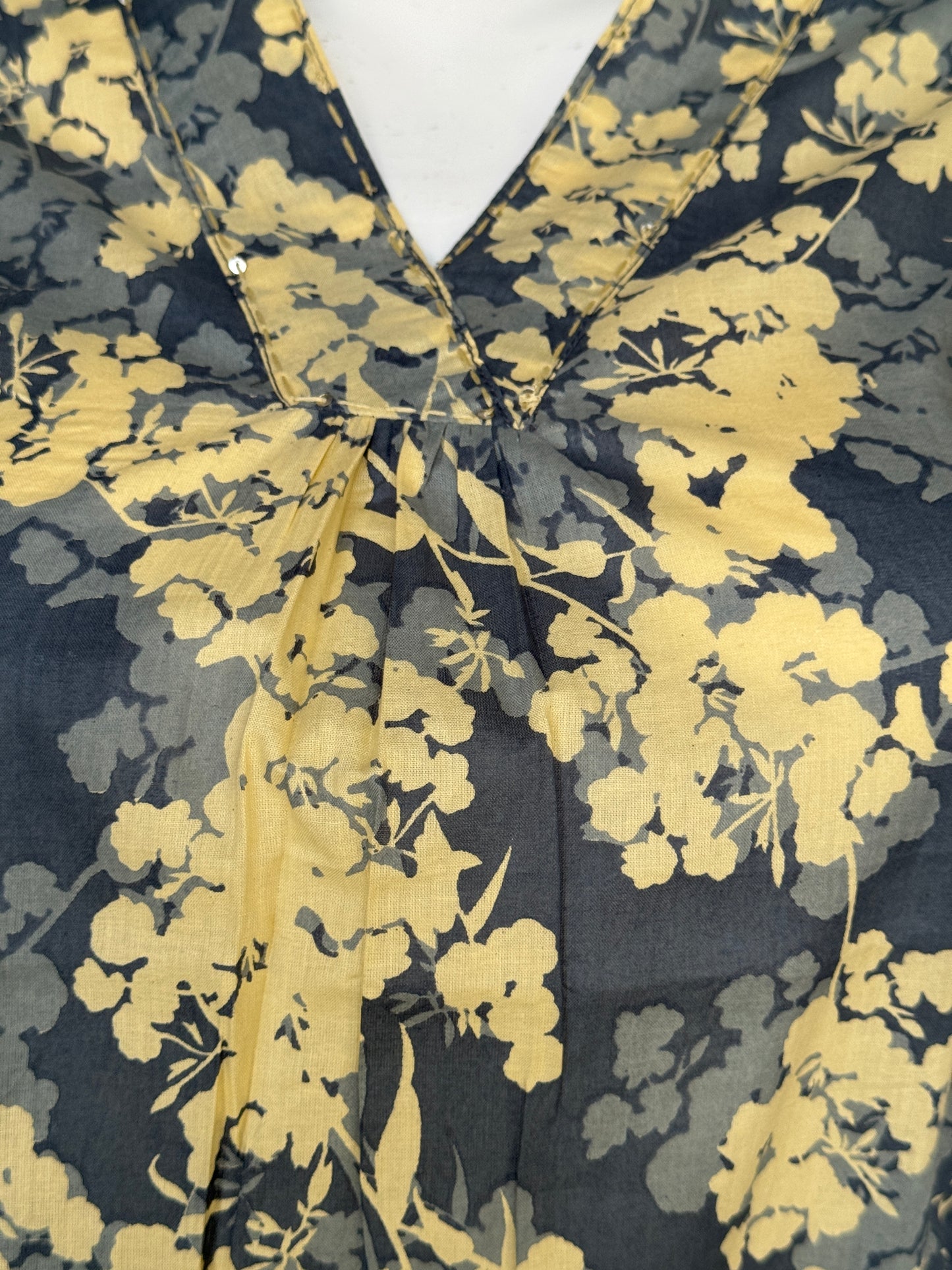 Cotton floral print short top with handwork detailing around neck